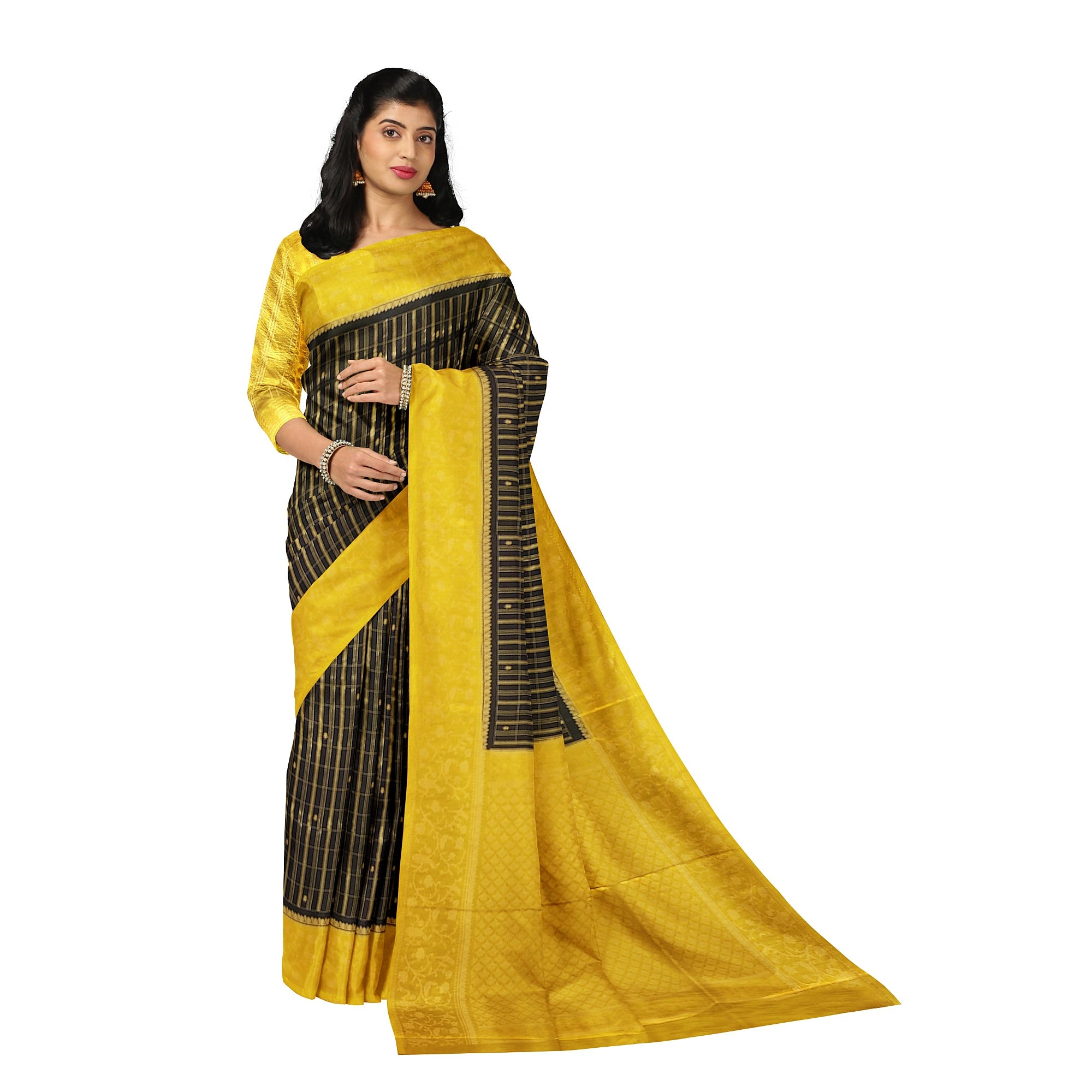 Black Georgette Saree – Yellow Border – Shop Online