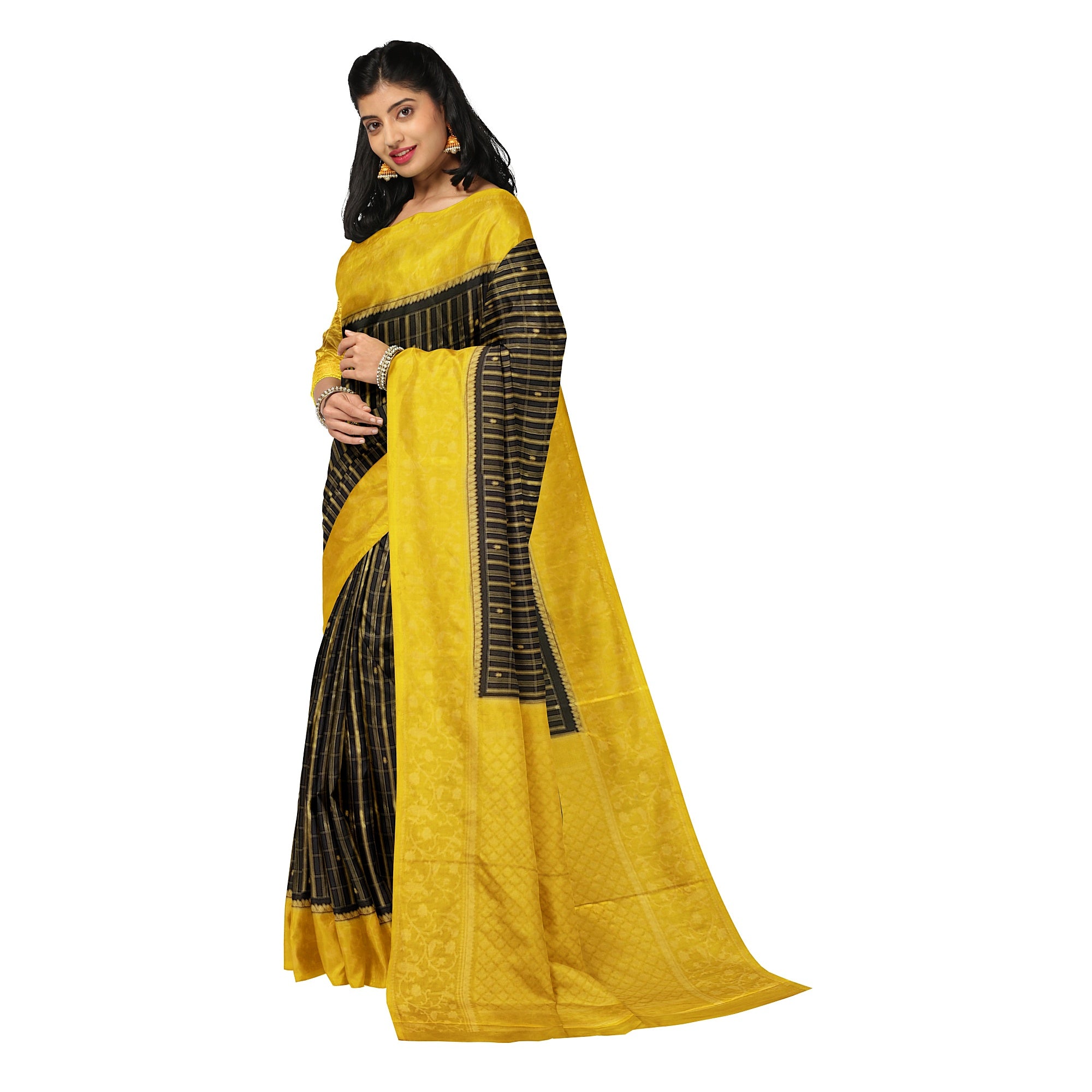 Black Georgette Saree – Yellow Border – Shop Online