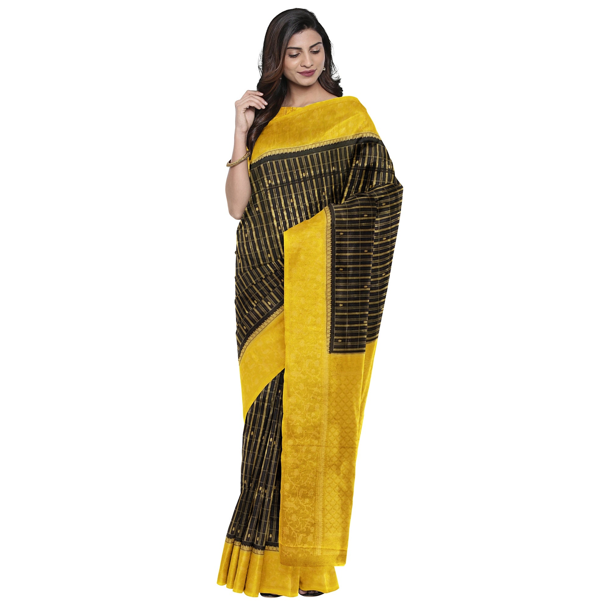 Black Georgette Saree – Yellow Border – Shop Online