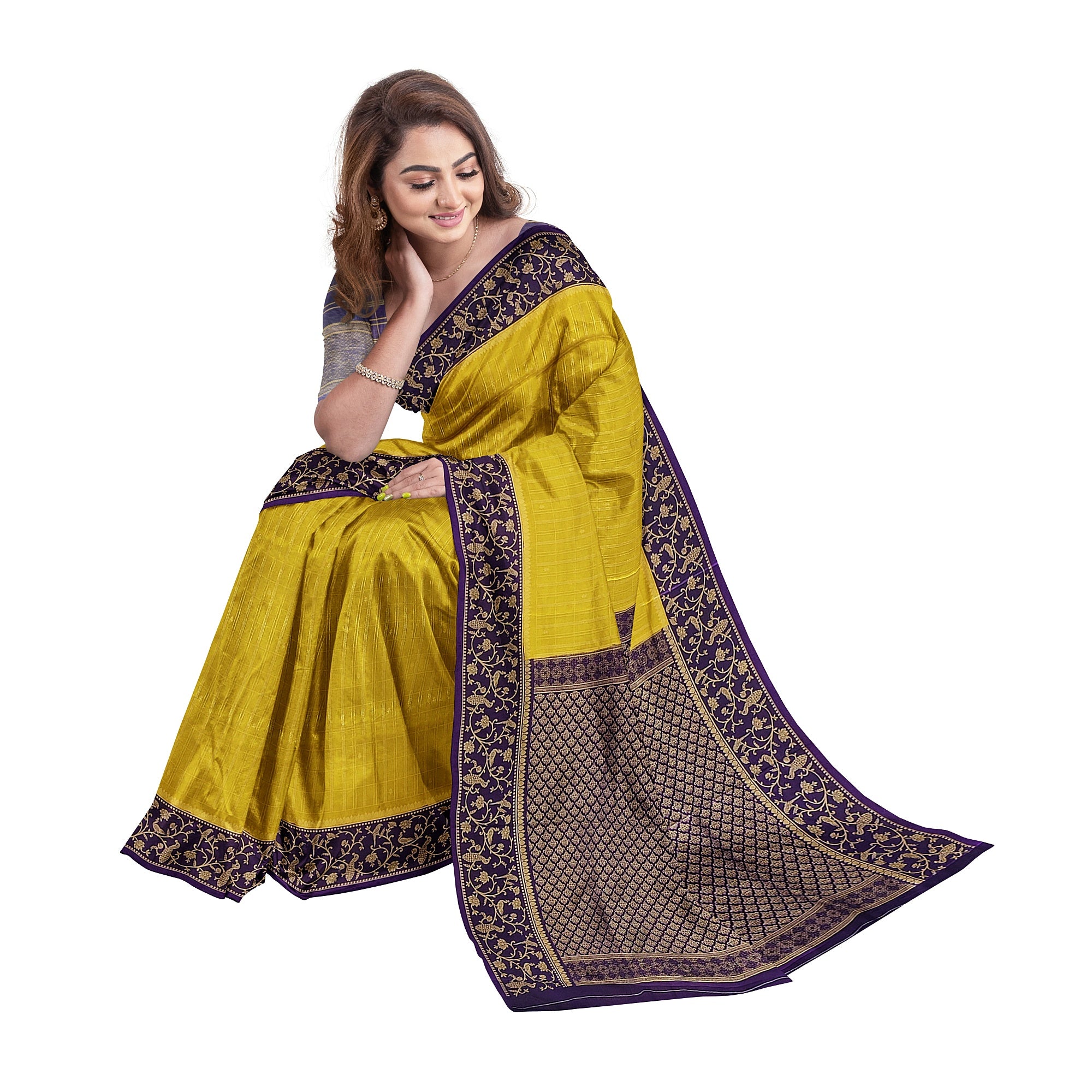 Lemon Green Georgette Saree – Purple Border – Shop Online
