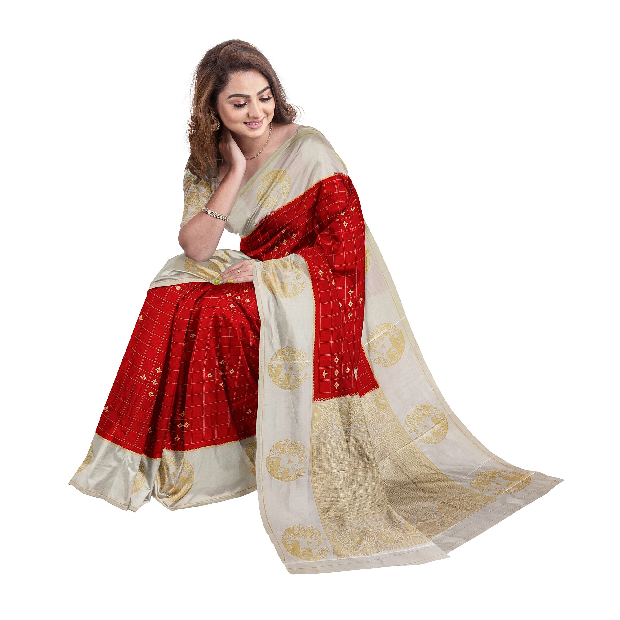 Red Georgette Saree – White Border with Elephant Butta – Shop Online