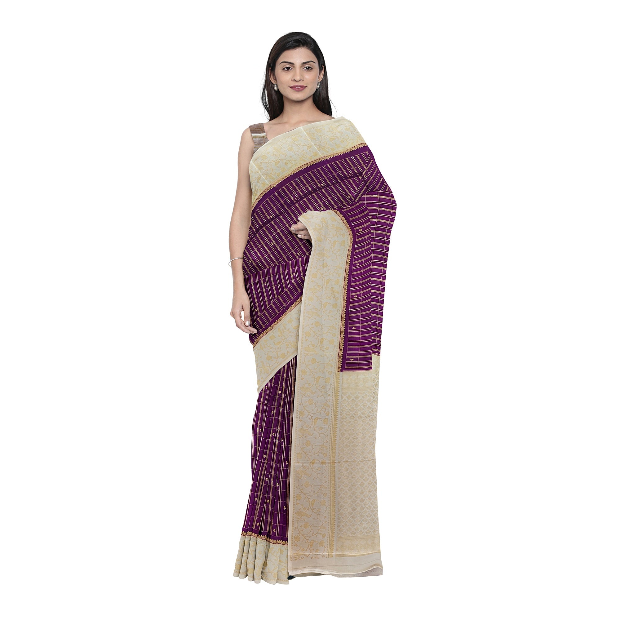 Wine Georgette Saree – Cream Border – Shop Online