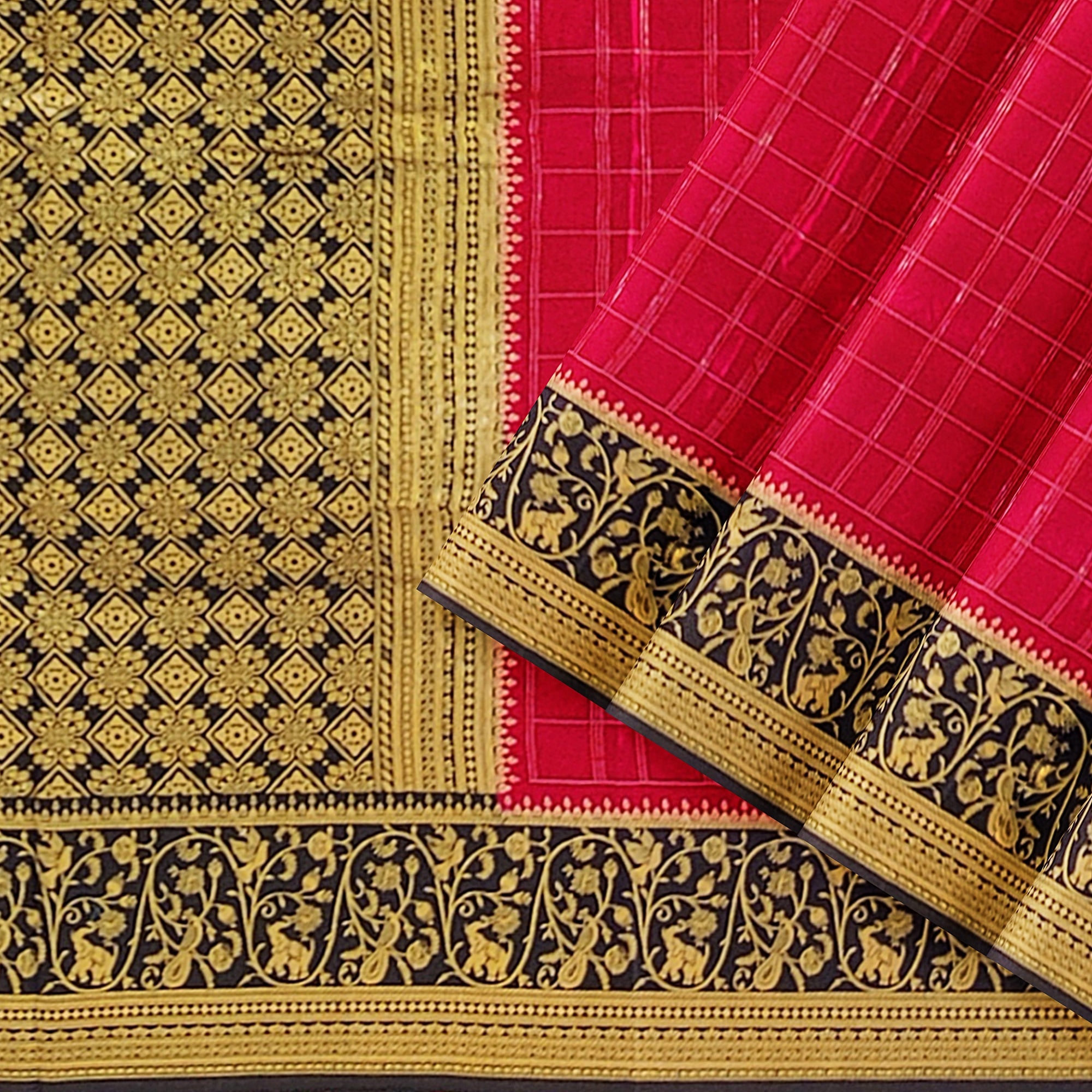 Pink Checked Georgette Saree – Black Fancy Border – Lightweight – Shop Online