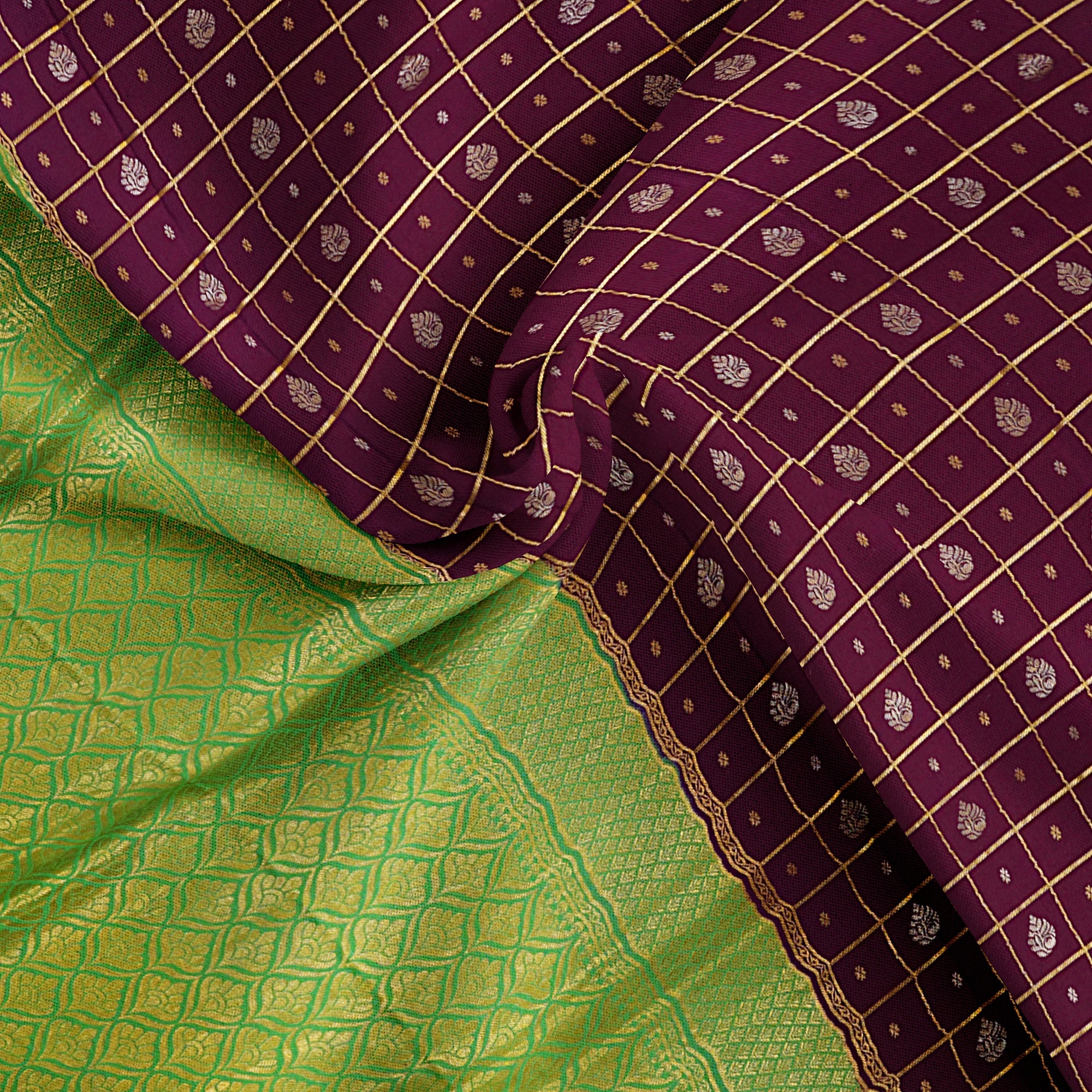 "Wine Colour Mysore Crape Silk Saree with Leaf Green Border & Butta | 100gms Thickness | New Sudarshan Silks" - New Sudarshan Silks`