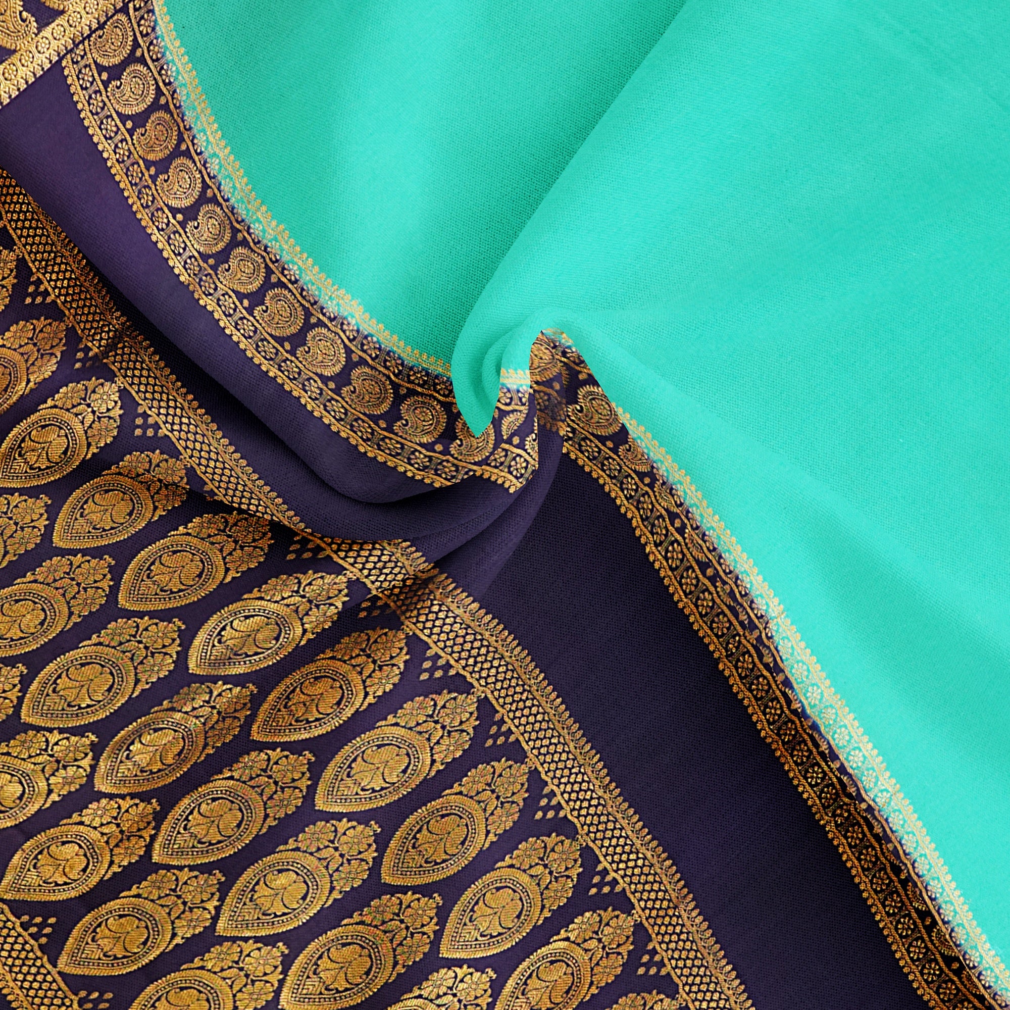 "Stunning 3D Sky Blue Mysore Crape Silk Saree with Navy Blue - 100gms | New Sudarshan Silks" - New Sudarshan Silks`