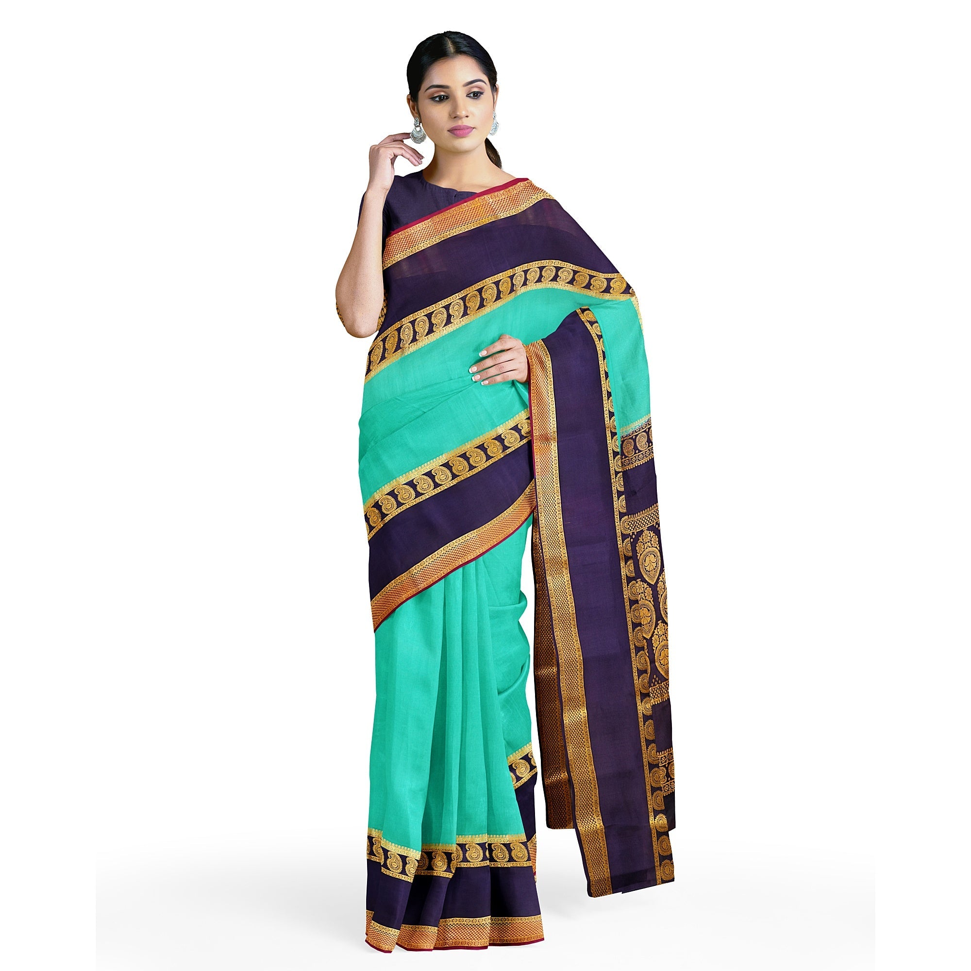 "Stunning 3D Sky Blue Mysore Crape Silk Saree with Navy Blue - 100gms | New Sudarshan Silks" - New Sudarshan Silks`