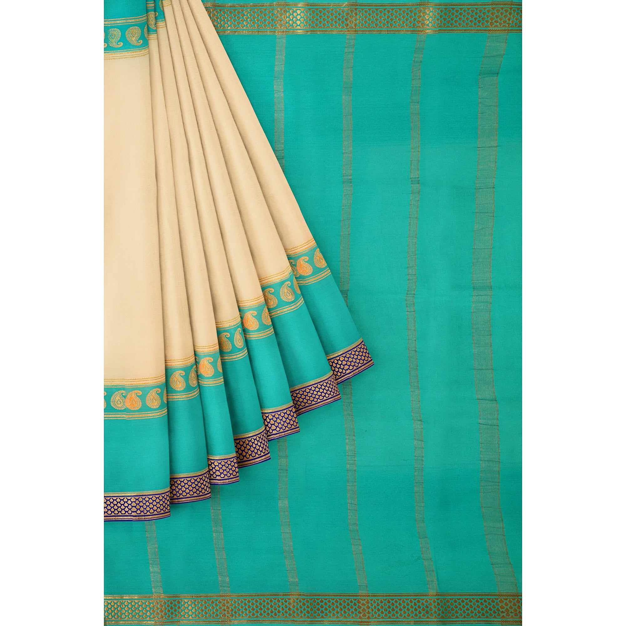"3D White Mysore Crape Silk Saree with Sky Blue & Mango Butta and Navy Blue Border | 100gms Thickness | New Sudarshan Silks" - New Sudarshan Silks`