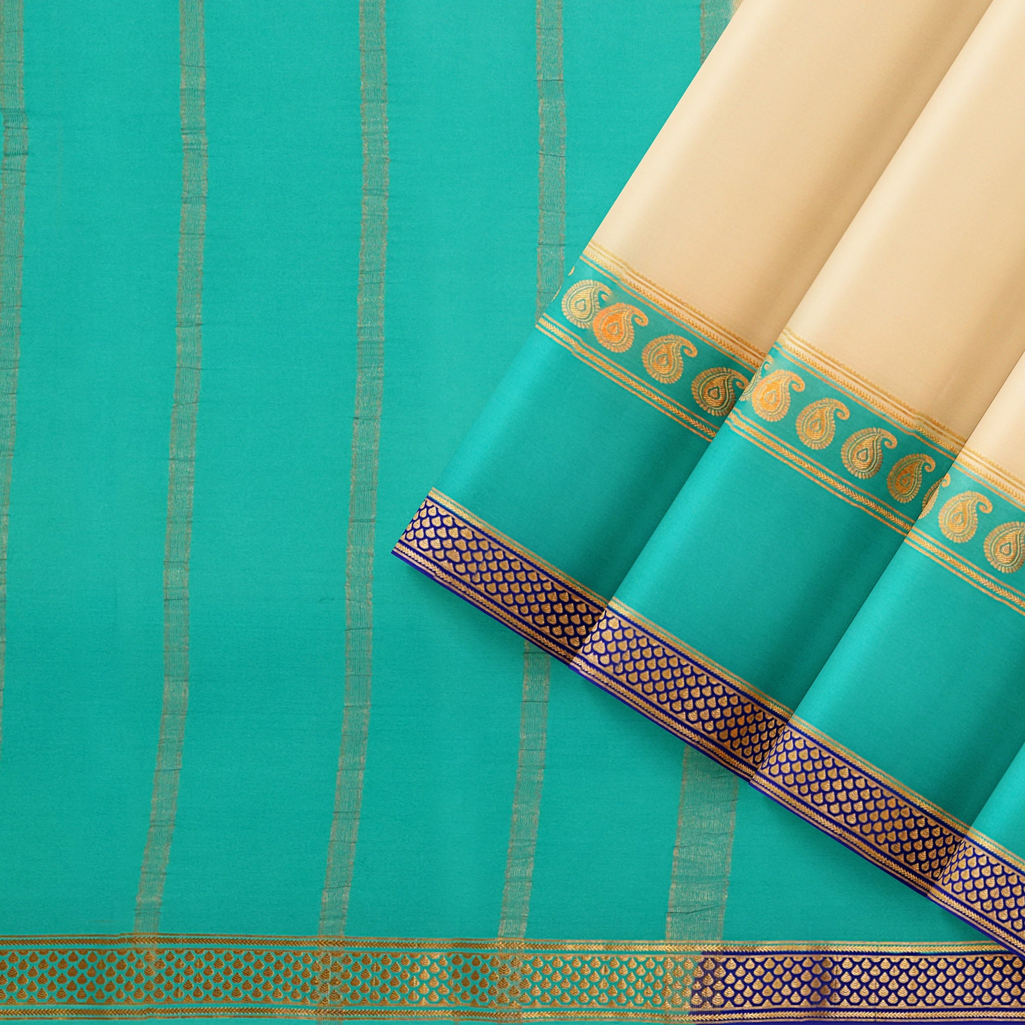 "3D White Mysore Crape Silk Saree with Sky Blue & Mango Butta and Navy Blue Border | 100gms Thickness | New Sudarshan Silks" - New Sudarshan Silks`