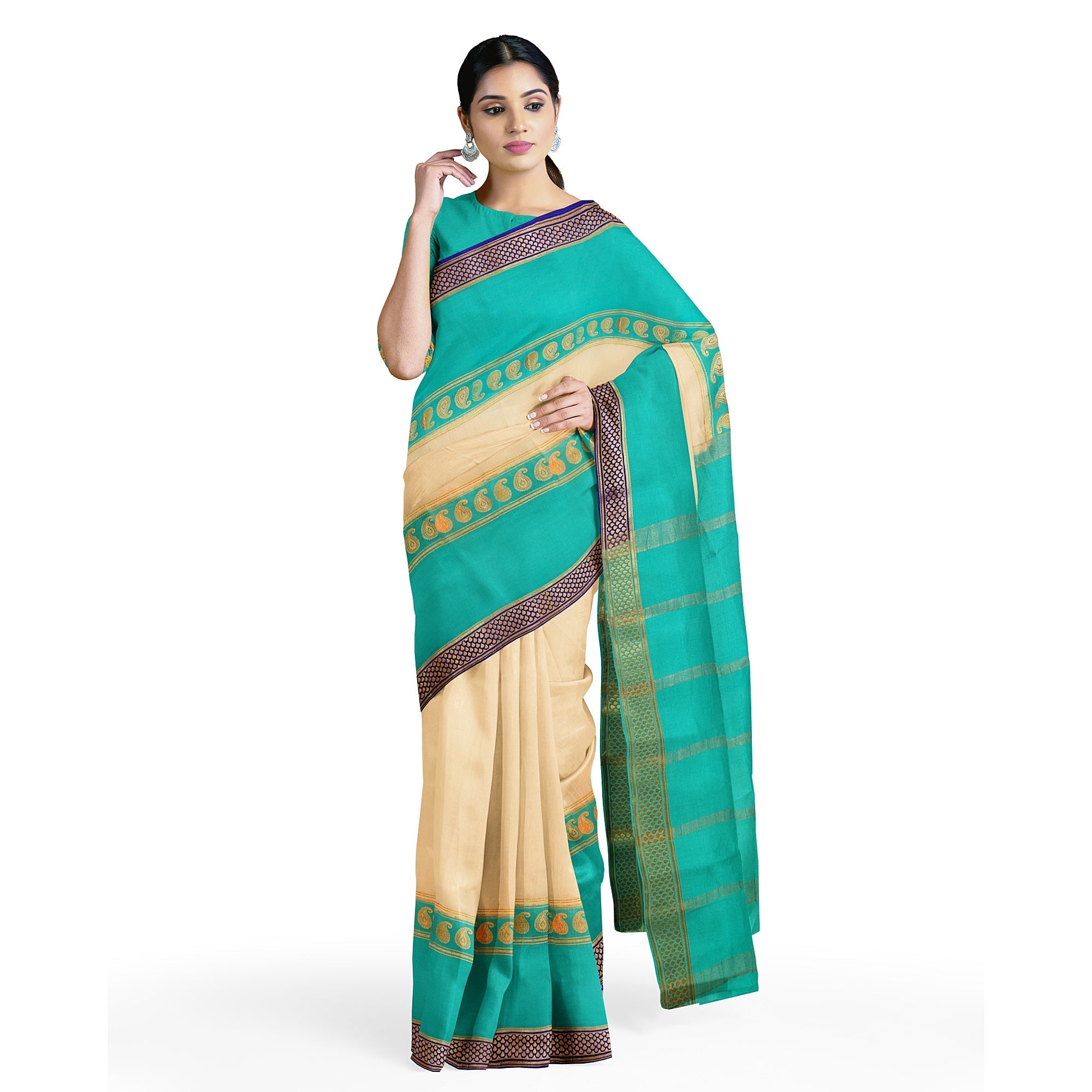 "3D White Mysore Crape Silk Saree with Sky Blue & Mango Butta and Navy Blue Border | 100gms Thickness | New Sudarshan Silks" - New Sudarshan Silks`