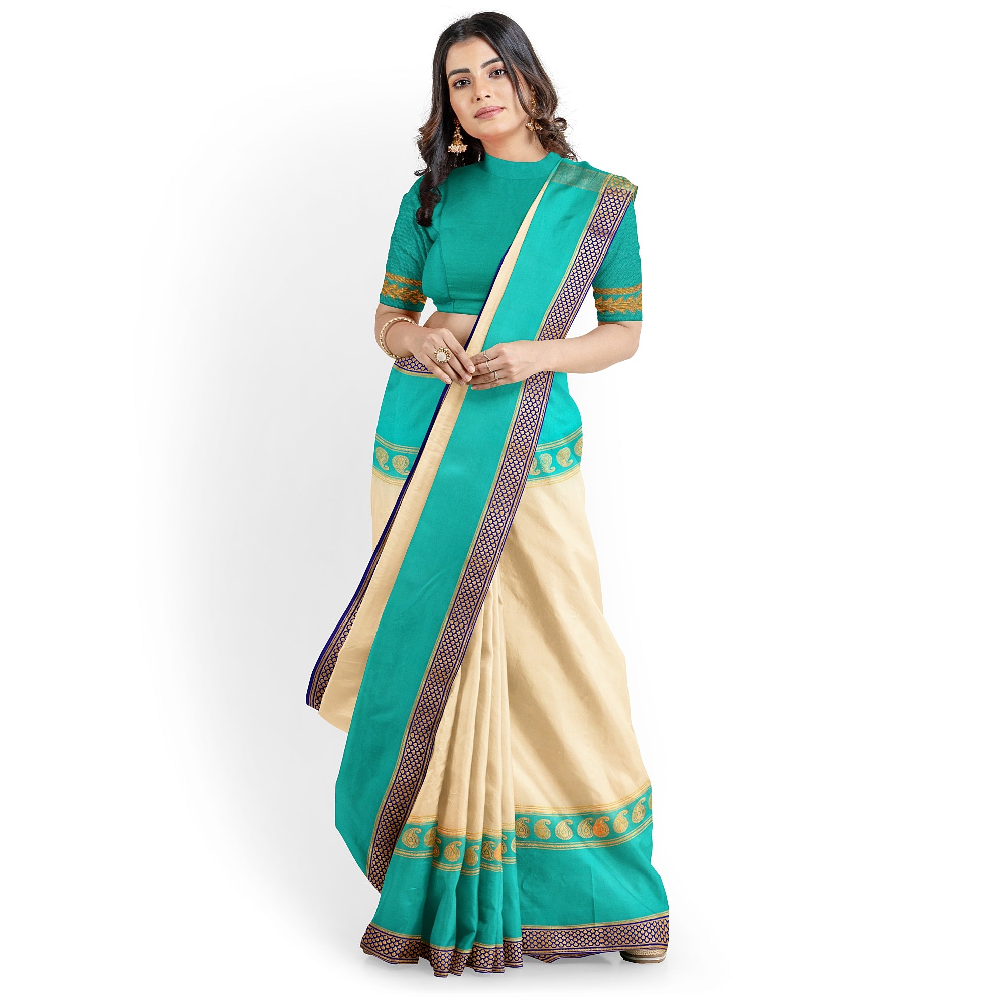 "3D White Mysore Crape Silk Saree with Sky Blue & Mango Butta and Navy Blue Border | 100gms Thickness | New Sudarshan Silks" - New Sudarshan Silks`