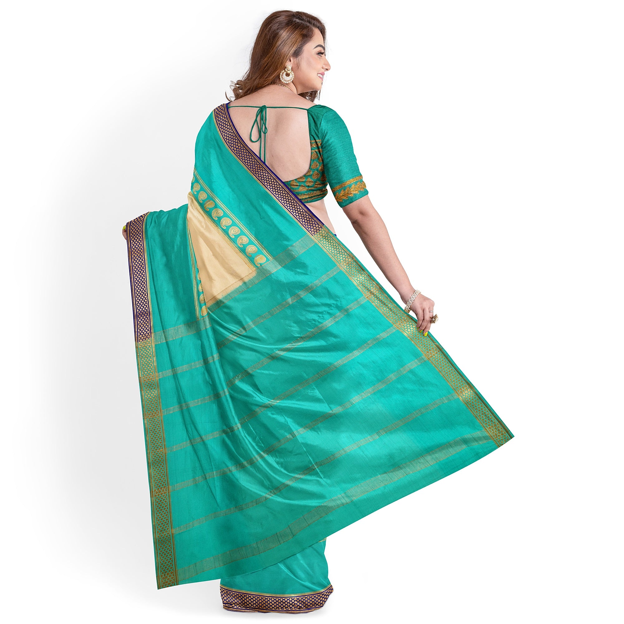 "3D White Mysore Crape Silk Saree with Sky Blue & Mango Butta and Navy Blue Border | 100gms Thickness | New Sudarshan Silks" - New Sudarshan Silks`