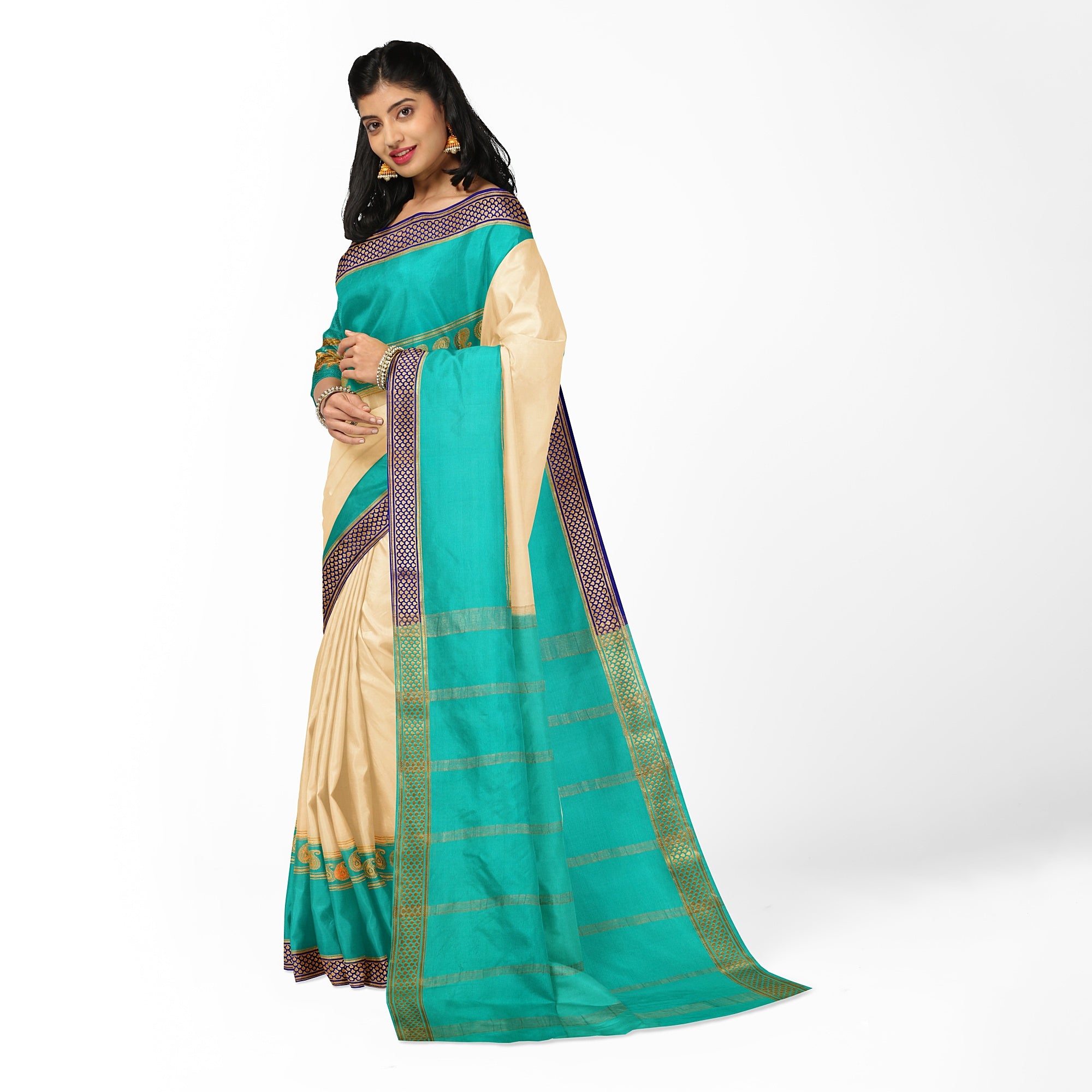 "3D White Mysore Crape Silk Saree with Sky Blue & Mango Butta and Navy Blue Border | 100gms Thickness | New Sudarshan Silks" - New Sudarshan Silks`