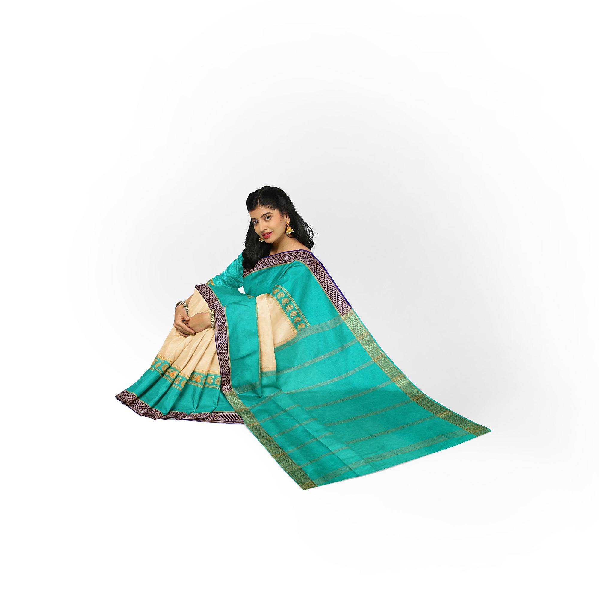 "3D White Mysore Crape Silk Saree with Sky Blue & Mango Butta and Navy Blue Border | 100gms Thickness | New Sudarshan Silks" - New Sudarshan Silks`