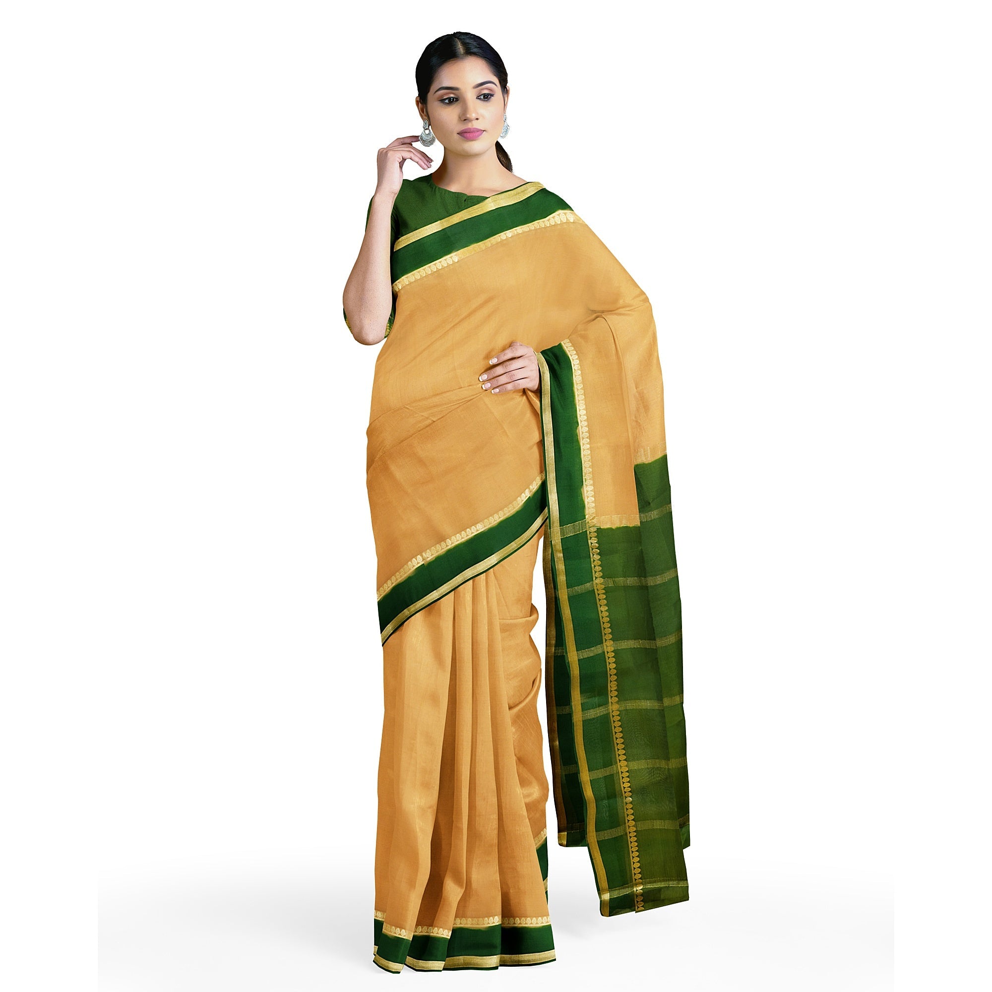 "Stylish Biscuit Colour Pure Mysore Silk Saree with Bentex Green & Gold Zari Border" - New Sudarshan Silks`