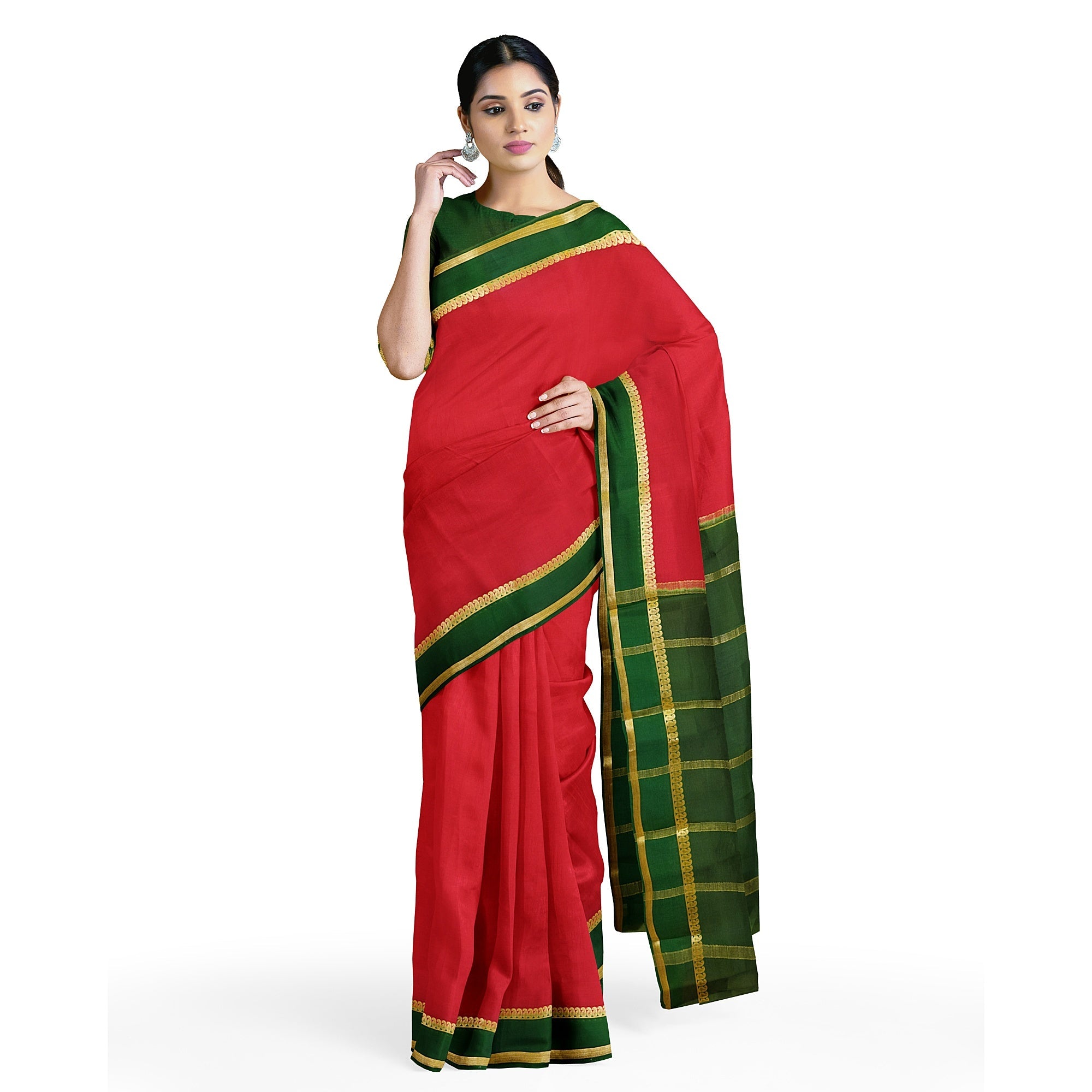 "Vibrant Red Pure Mysore Silk Saree with Bentex Bottle Green & Gold Zari Border" - New Sudarshan Silks`