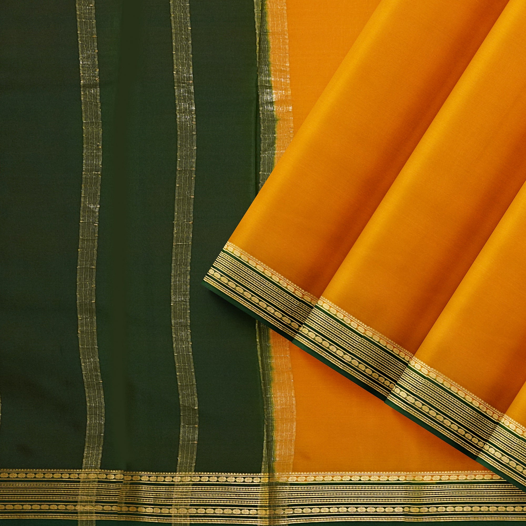 "Vibrant Lemon Yellow Pure Mysore Silk Saree with Green Zari Line & Gold Border" - New Sudarshan Silks`
