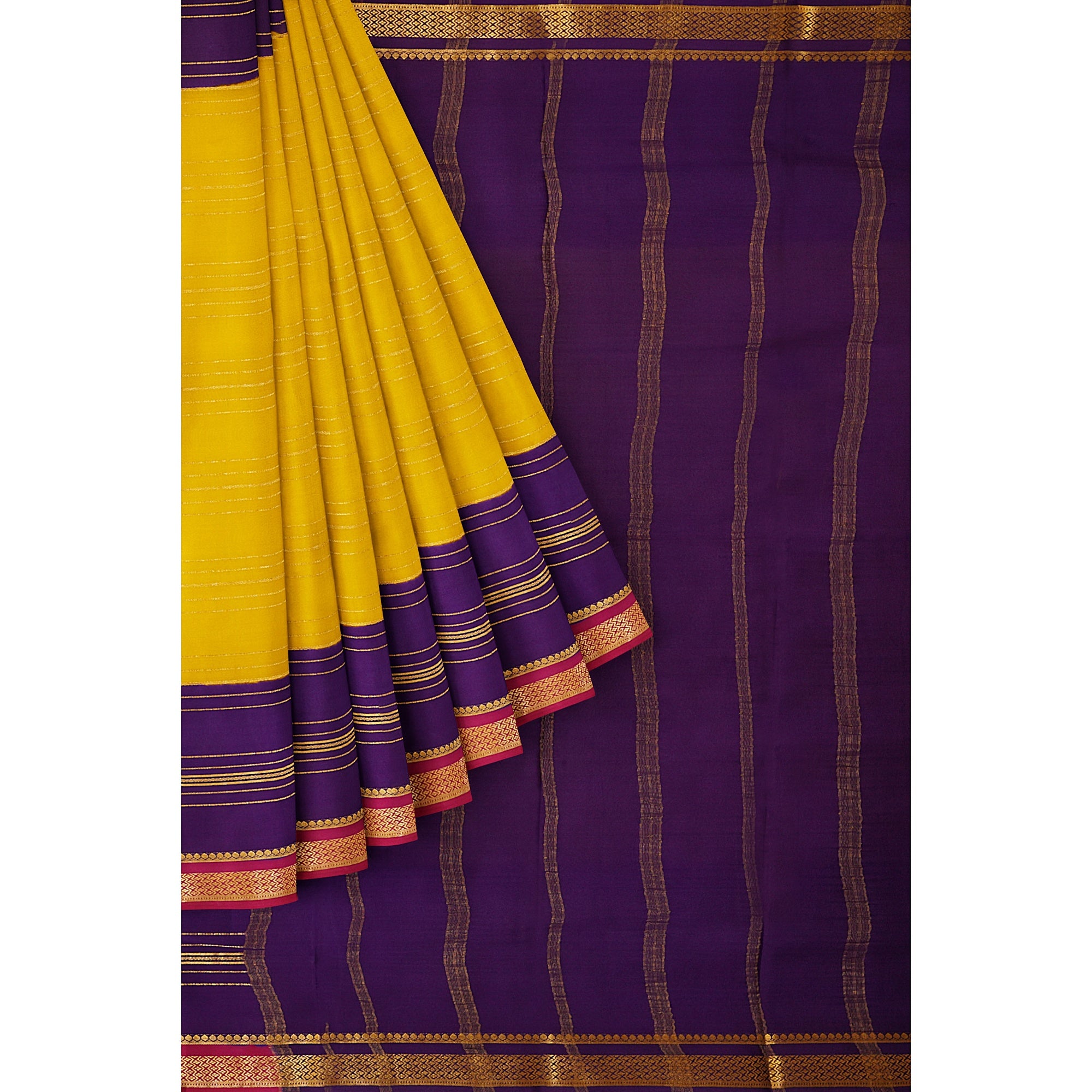 "Yellow Body Mysore Crape Silk Saree with Purple & Pink Border | 100gms Thickness | New Sudarshan Silks" - New Sudarshan Silks`