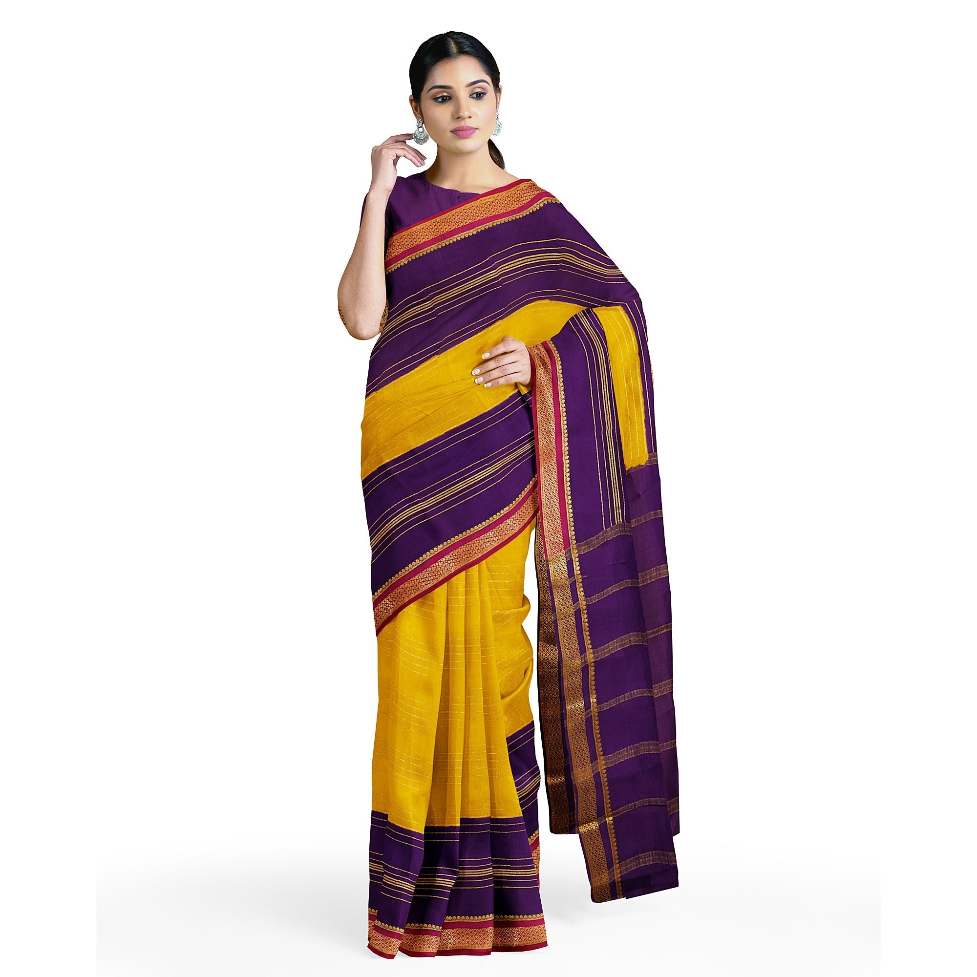 "Yellow Body Mysore Crape Silk Saree with Purple & Pink Border | 100gms Thickness | New Sudarshan Silks" - New Sudarshan Silks`