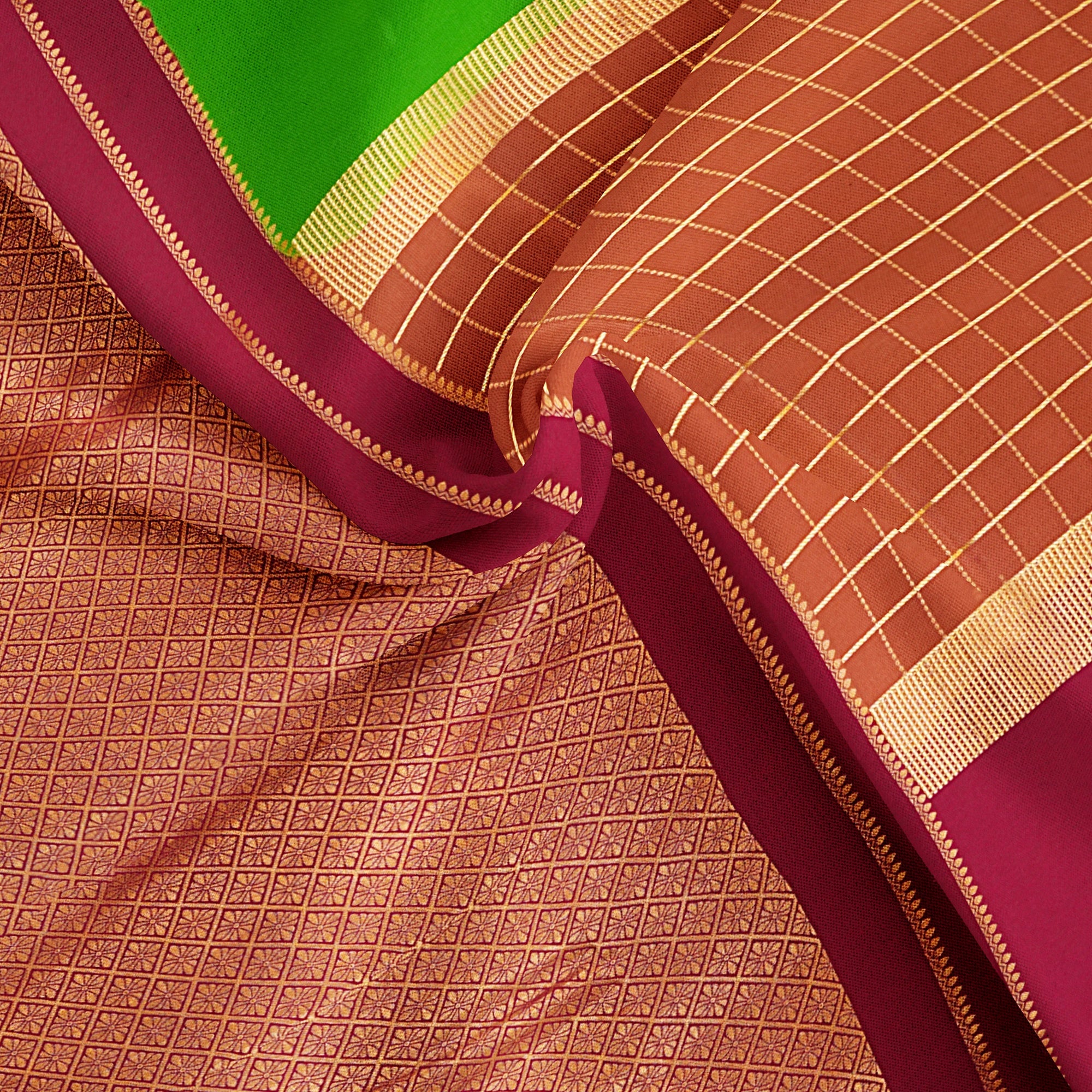 "Trendy 3D Biscuit Colour Checks Mysore Crape Silk Saree with Parrot Green & Dark Pink Gold Zari Border - 100gms | New Sudarshan Silks" - New Sudarshan Silks`