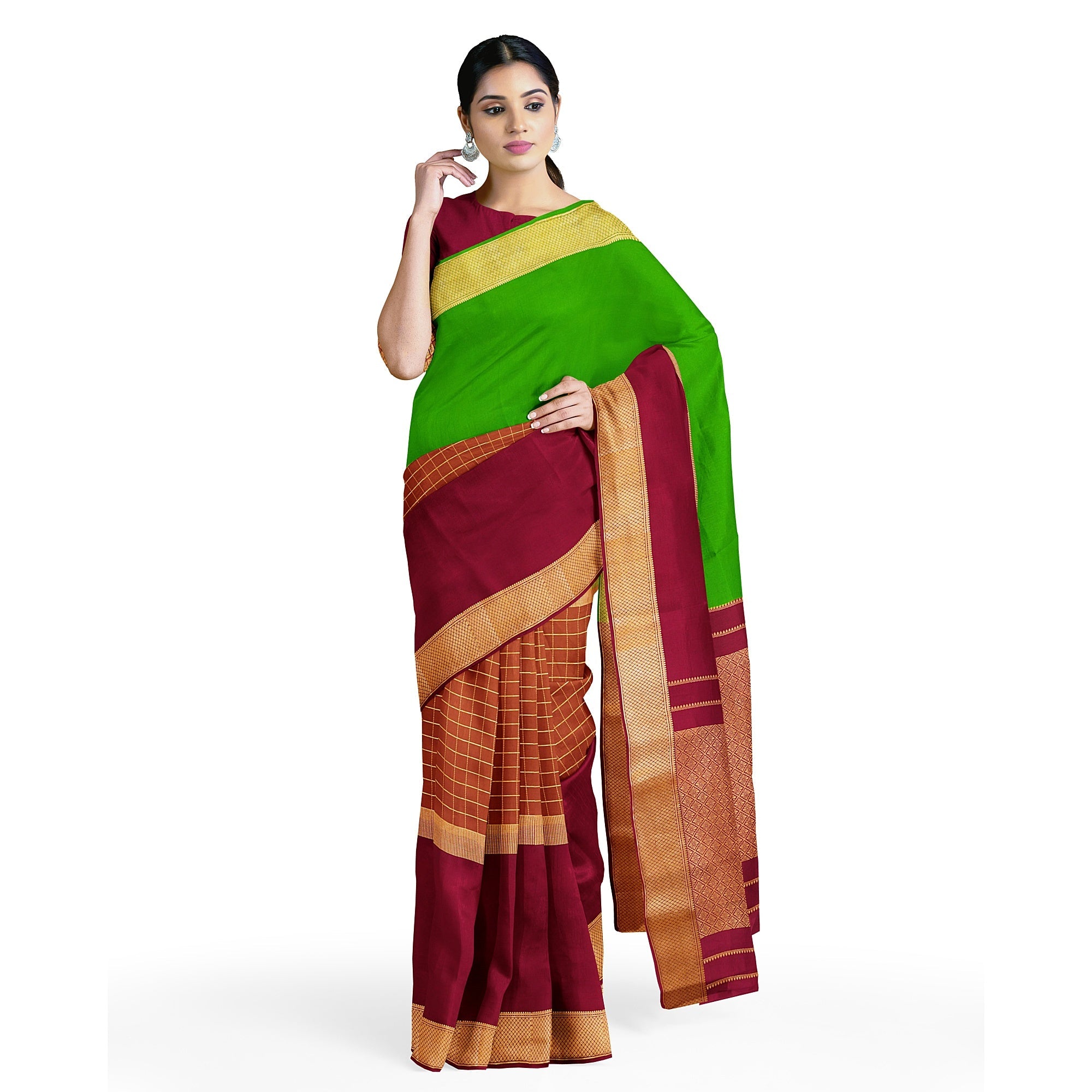 "Trendy 3D Biscuit Colour Checks Mysore Crape Silk Saree with Parrot Green & Dark Pink Gold Zari Border - 100gms | New Sudarshan Silks" - New Sudarshan Silks`