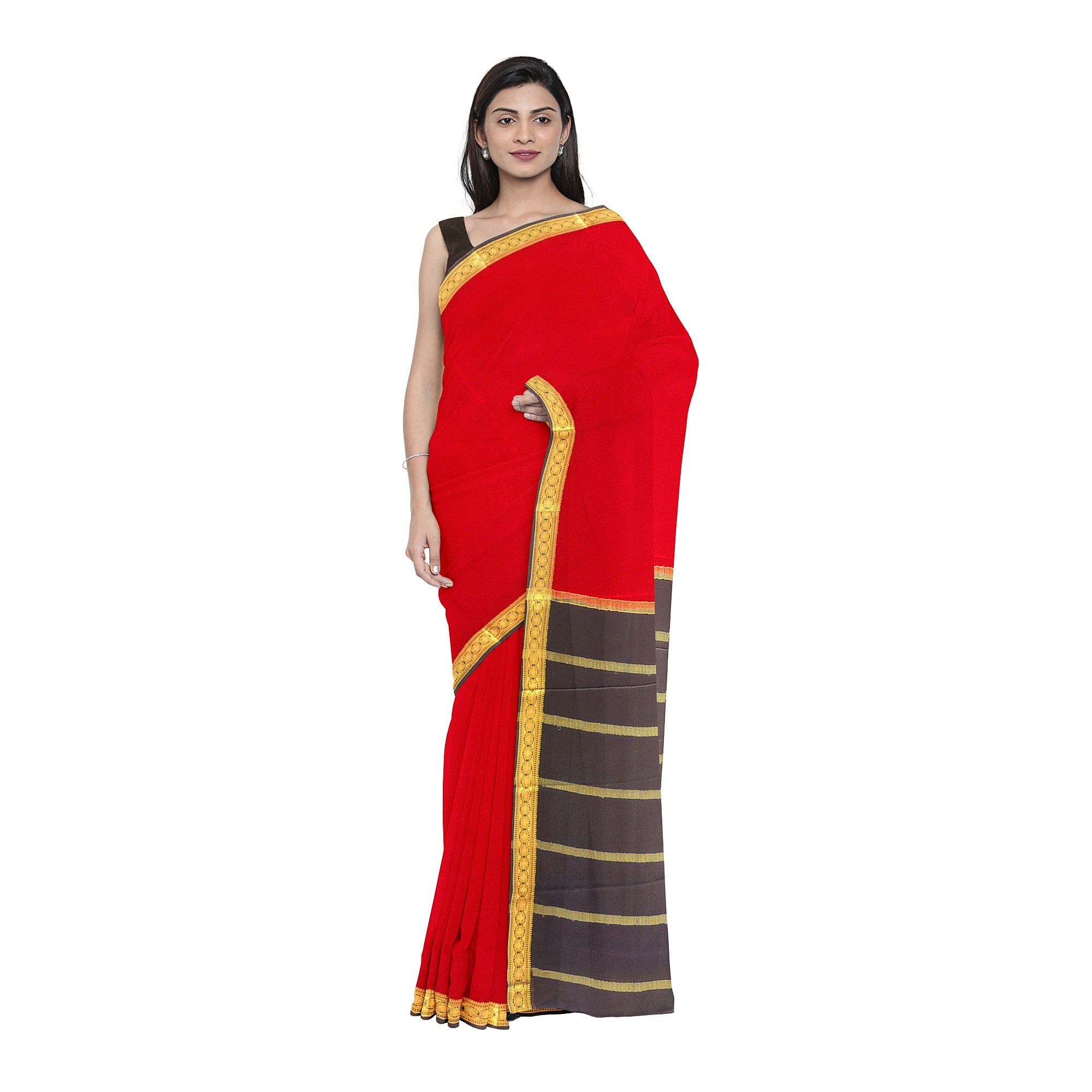 Red Mysore Silk Saree with Black Zari Border