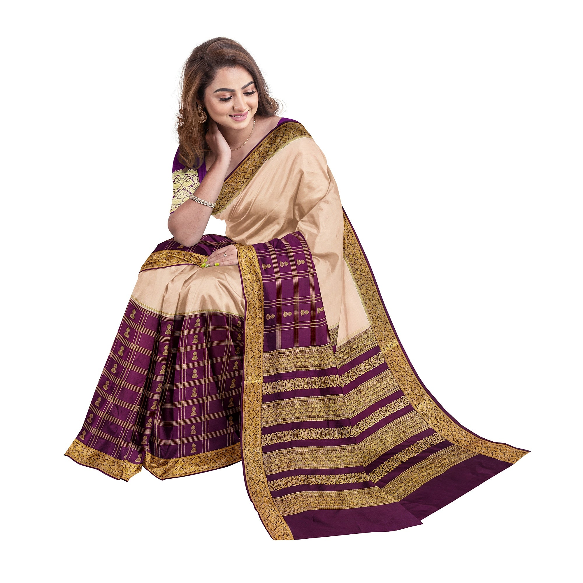 Half-and-Half Maroon Mysore Silk Saree with Peach Jhumka Design