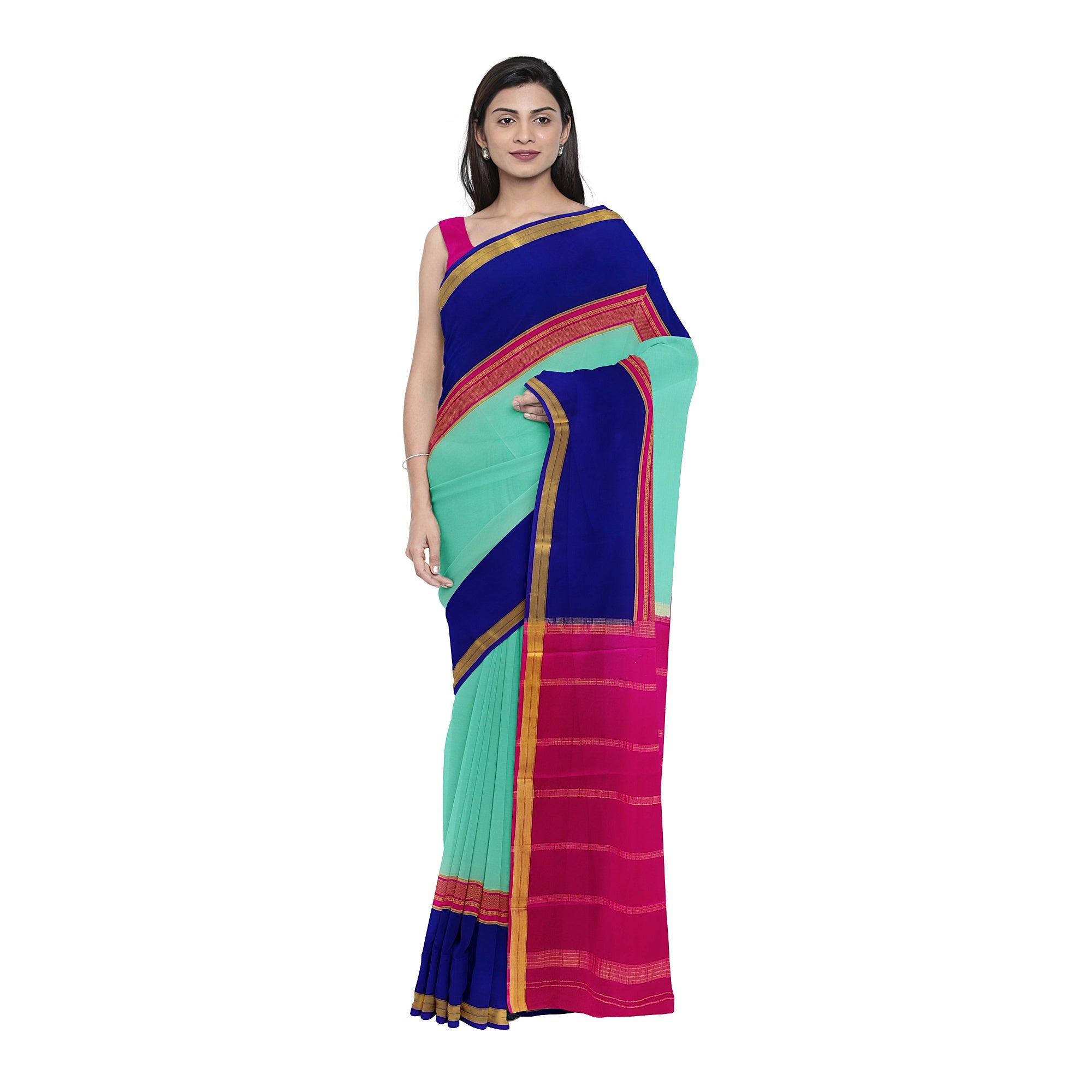 3D Akash Blue Mysore Silk Saree with Pink & Navy Blue Border