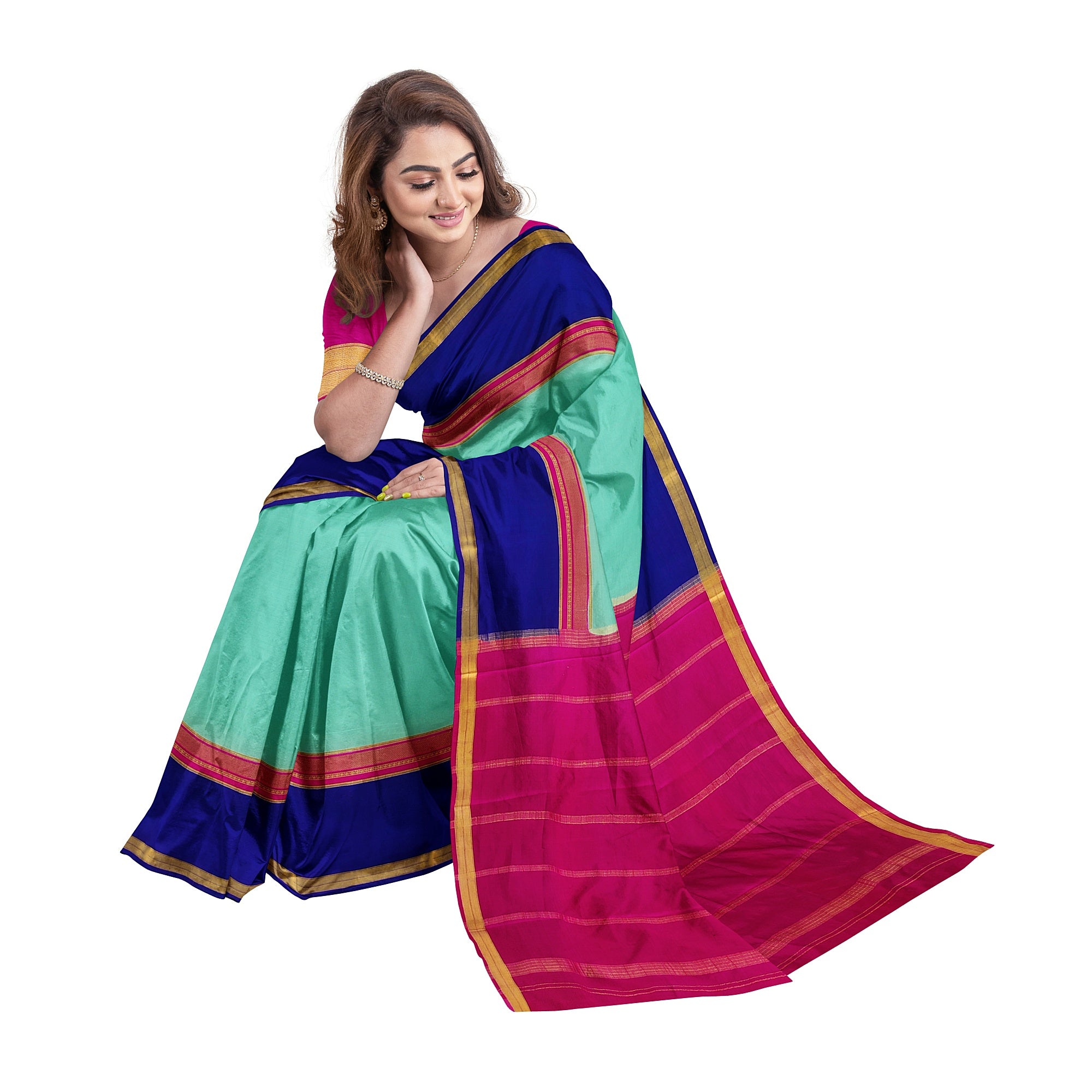 3D Akash Blue Mysore Silk Saree with Pink & Navy Blue Border