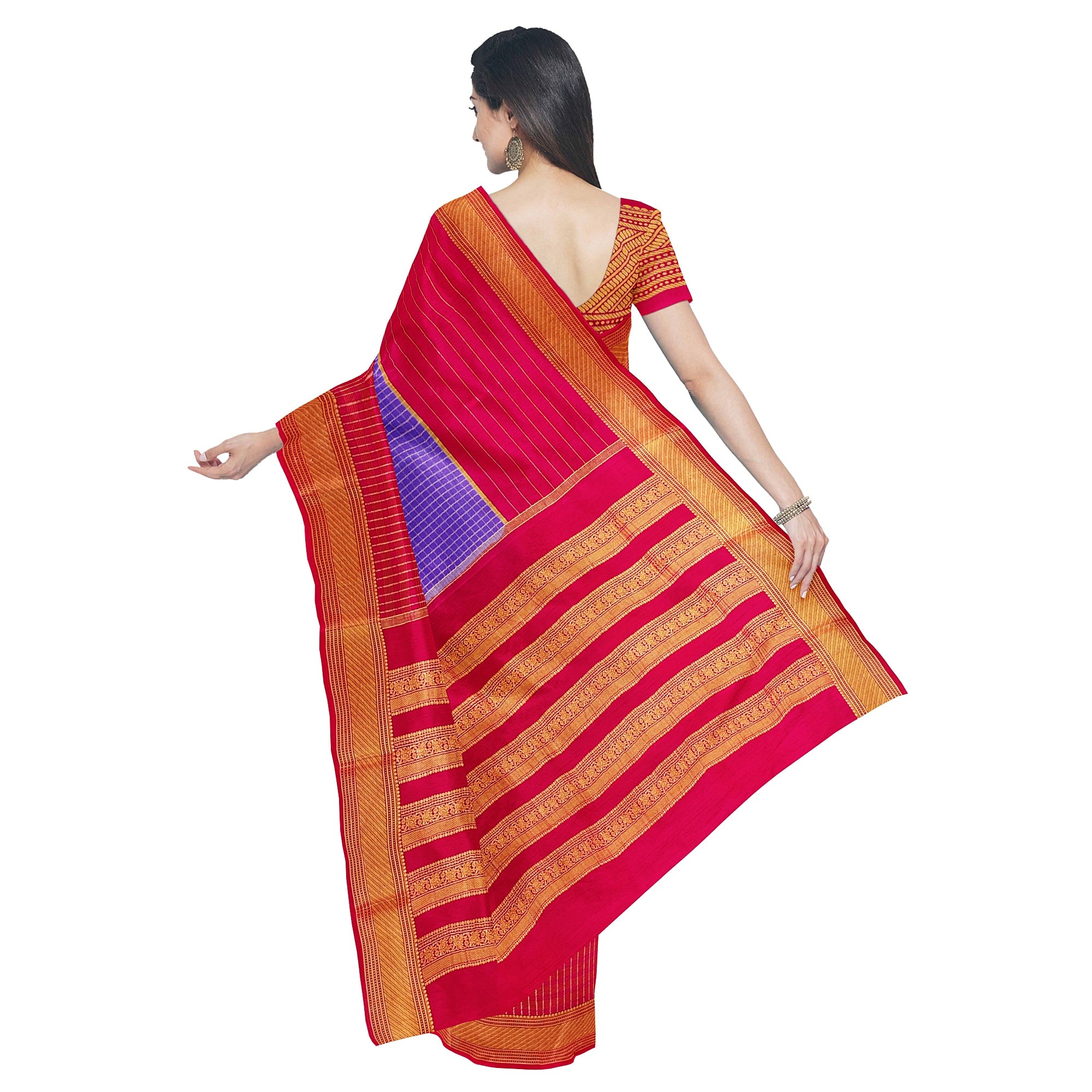 Lavender Checked Mysore Silk Saree with Magenta Pink Border