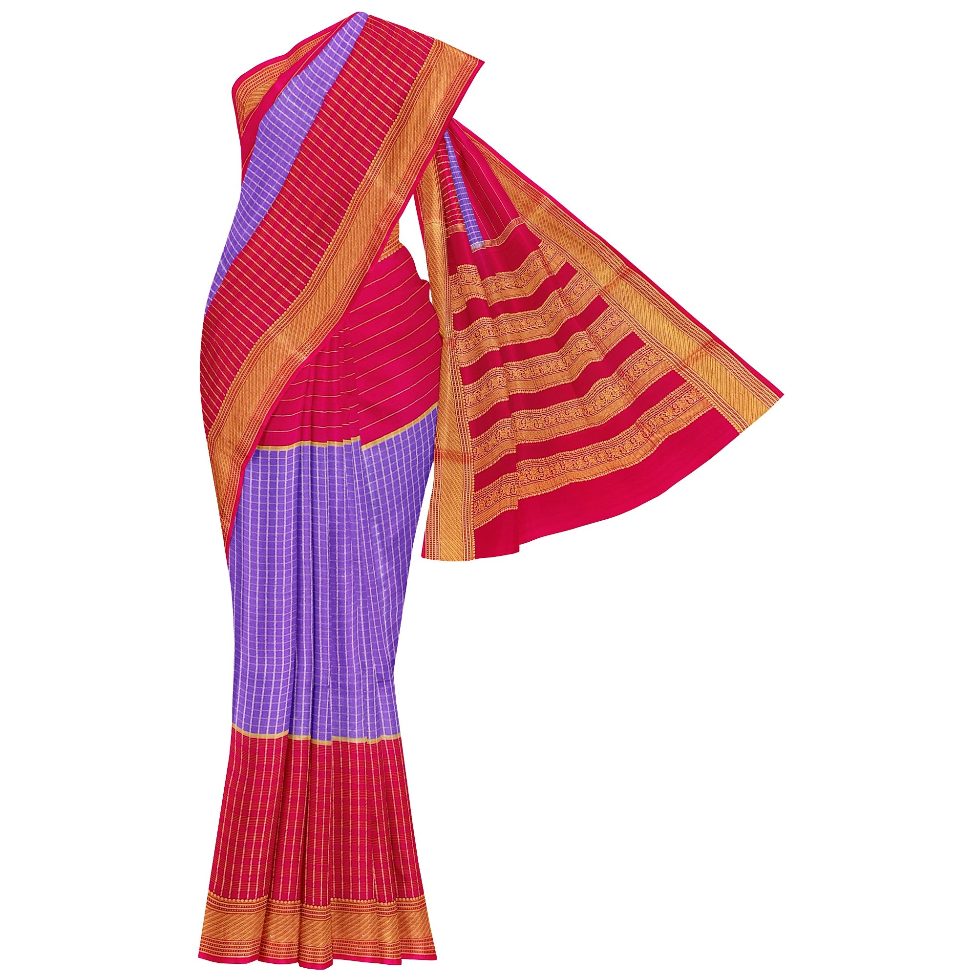 Lavender Checked Mysore Silk Saree with Magenta Pink Border