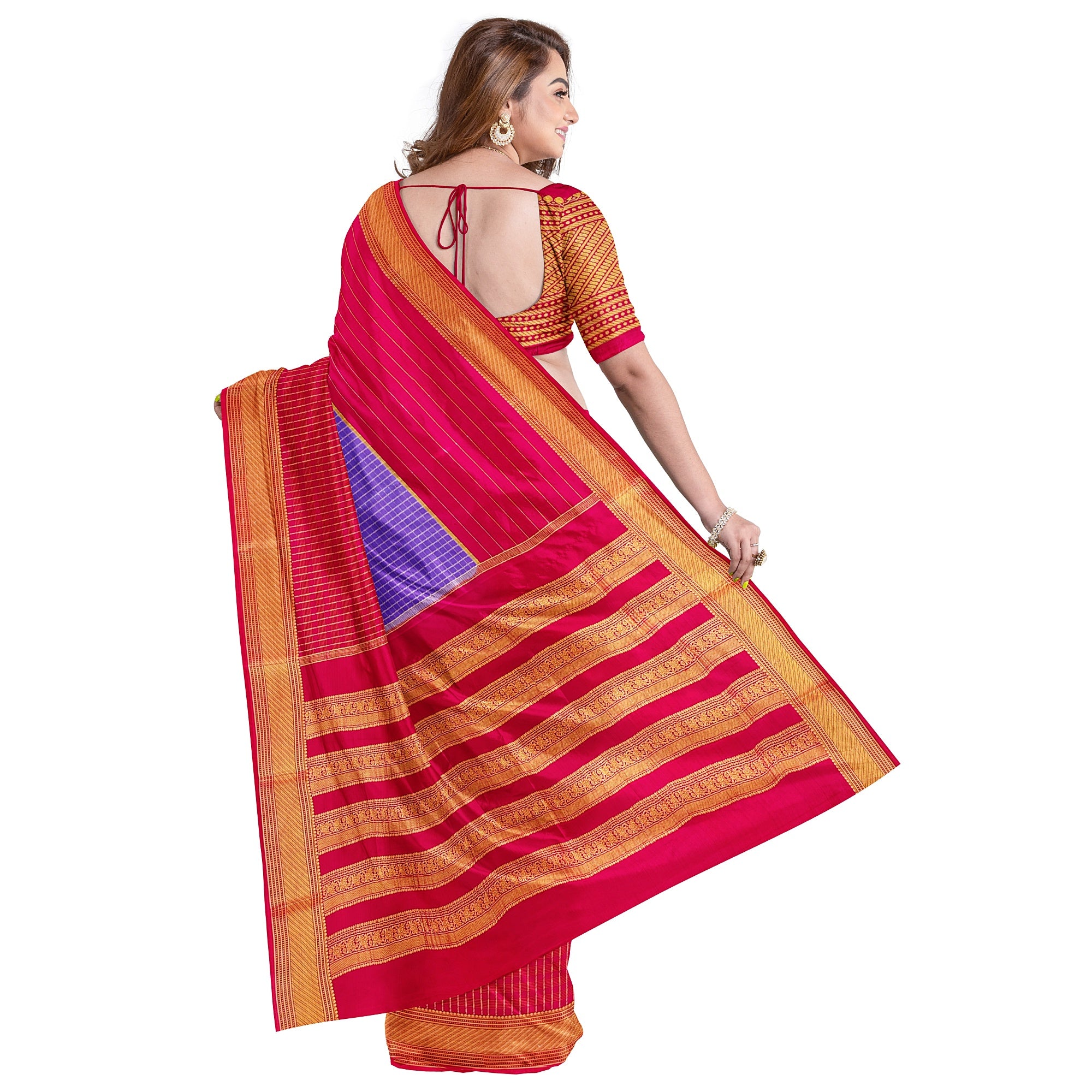 Lavender Checked Mysore Silk Saree with Magenta Pink Border