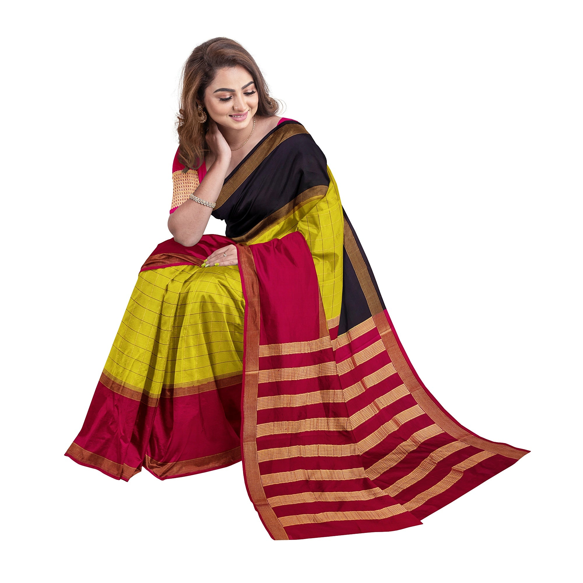 Parrot Green Mysore Silk Saree with Pink & Black Borders