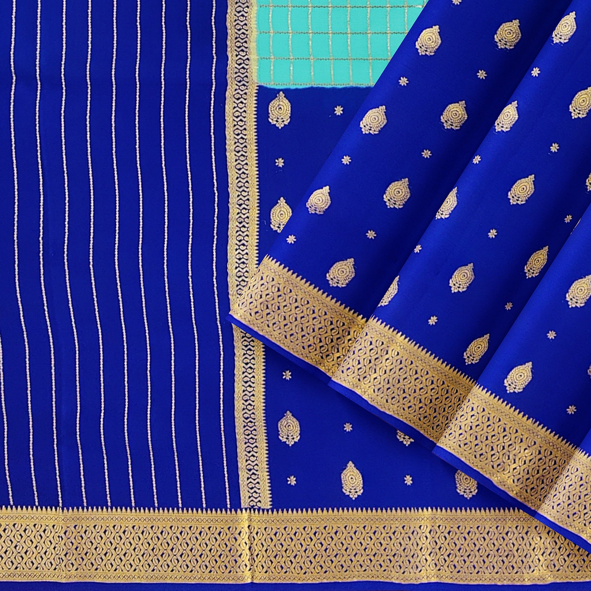 Half-and-Half Sky Blue Mysore Silk Saree with Ink Blue Checks