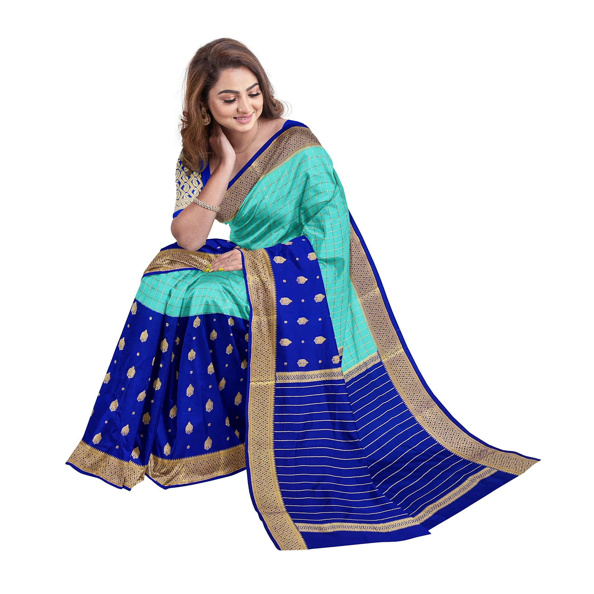 Half-and-Half Sky Blue Mysore Silk Saree with Ink Blue Checks