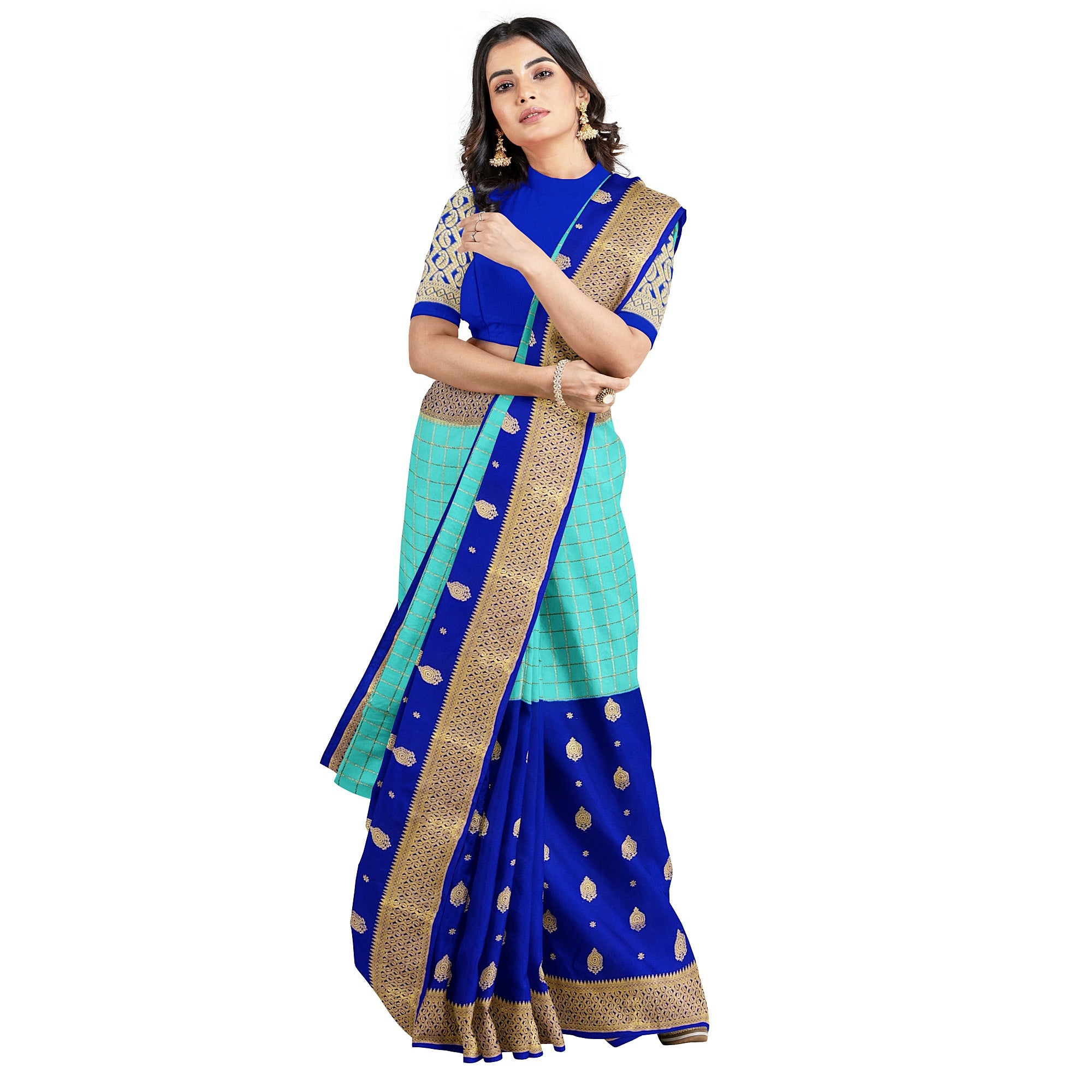 Half-and-Half Sky Blue Mysore Silk Saree with Ink Blue Checks
