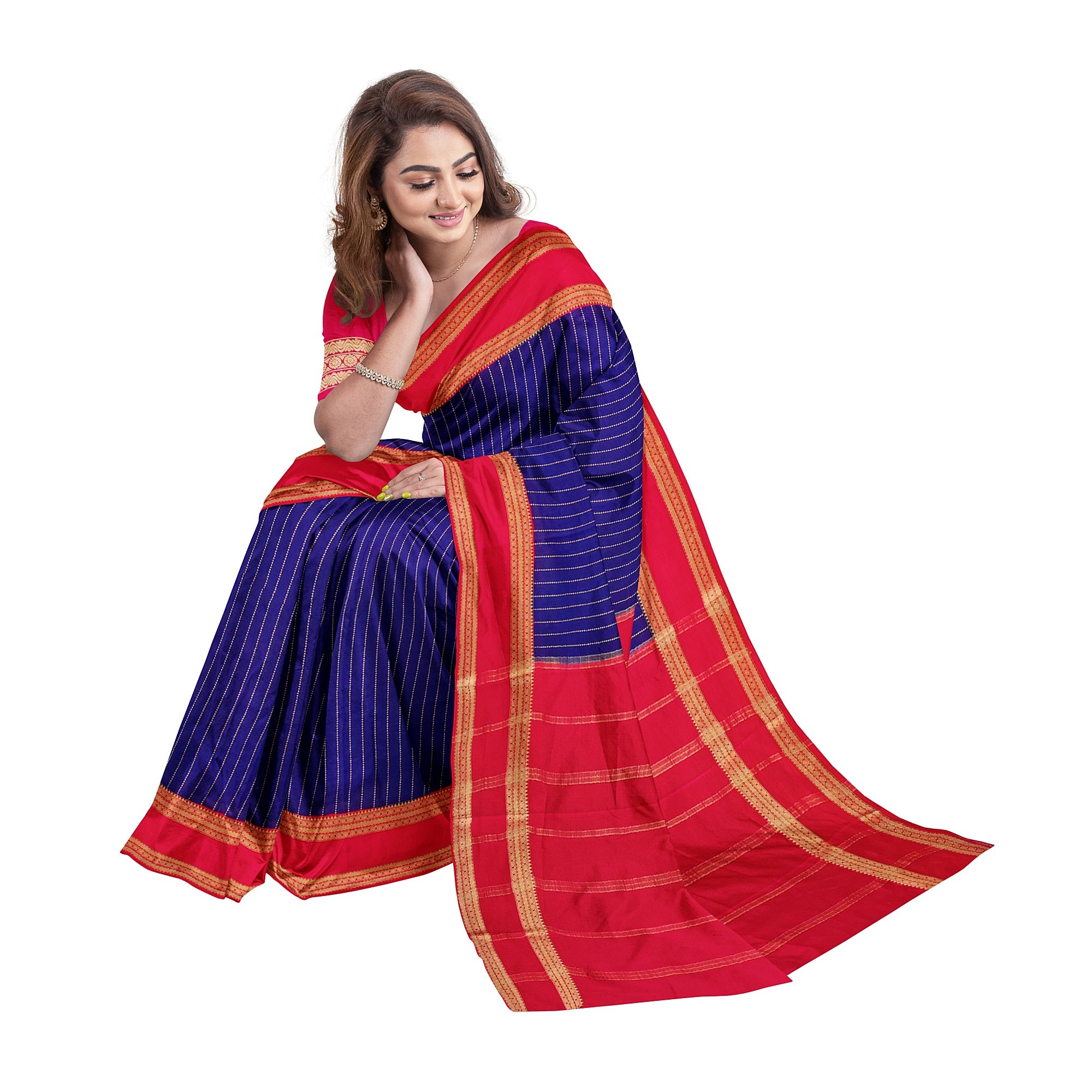 Navy Blue Mysore Silk Saree with Pink Gold Zari Border