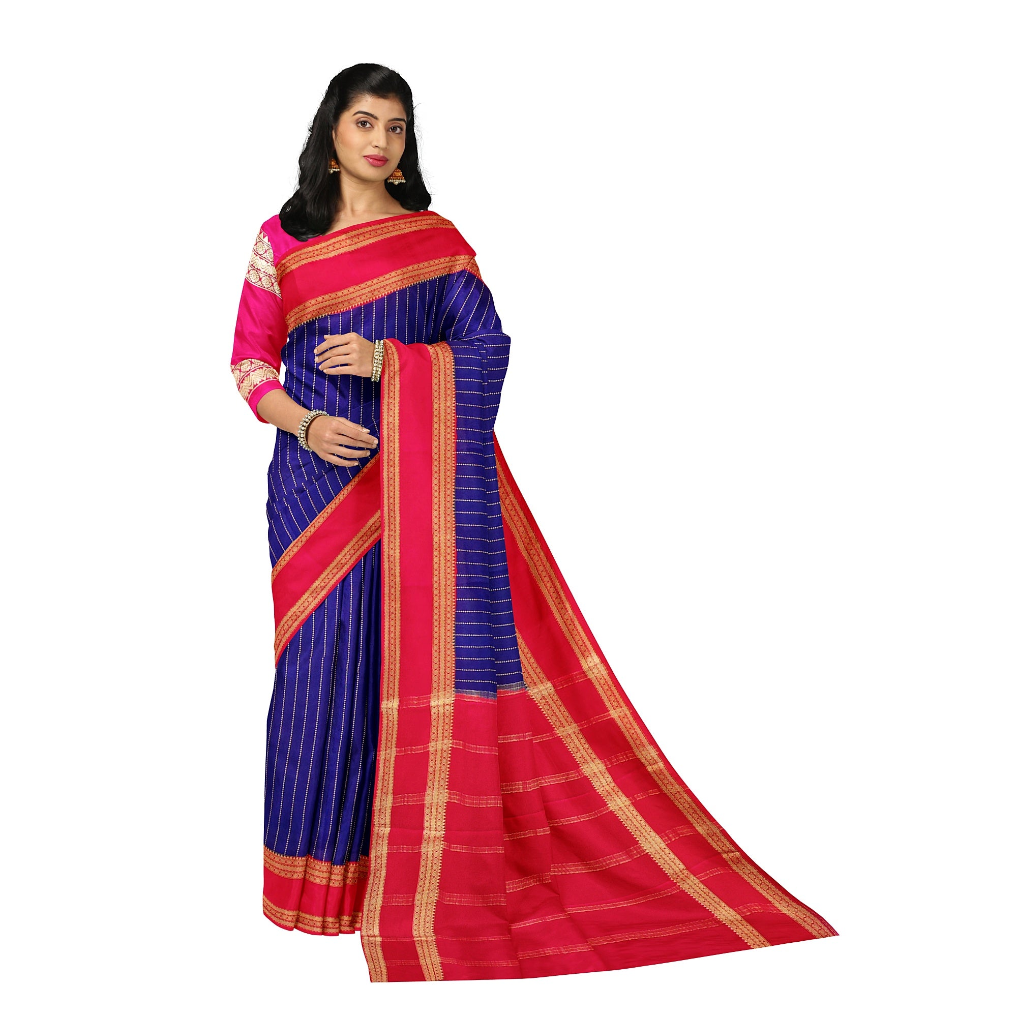 Navy Blue Mysore Silk Saree with Pink Gold Zari Border