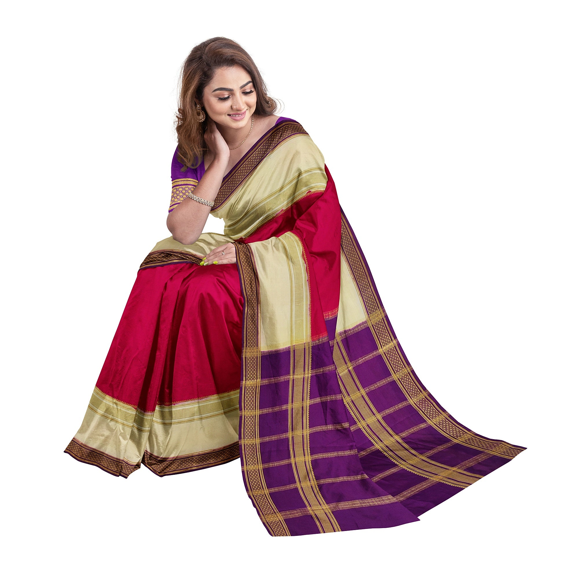 3D Magenta Pink Mysore Silk Saree with Cream & Purple Border