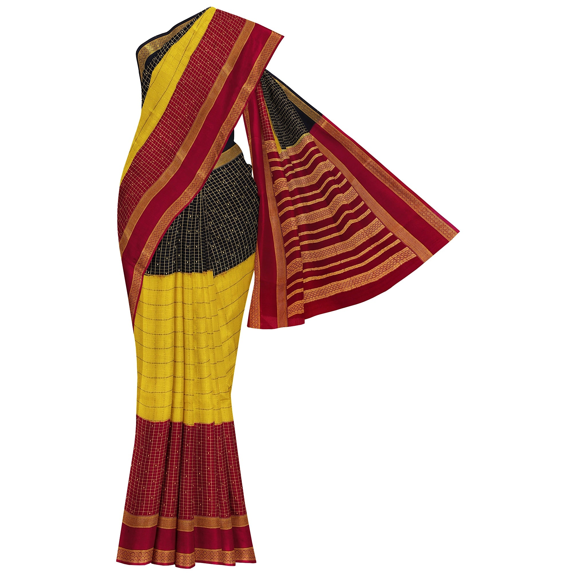 3D Mysore Silk Saree in Pink, Yellow & Black – Rare Edition
