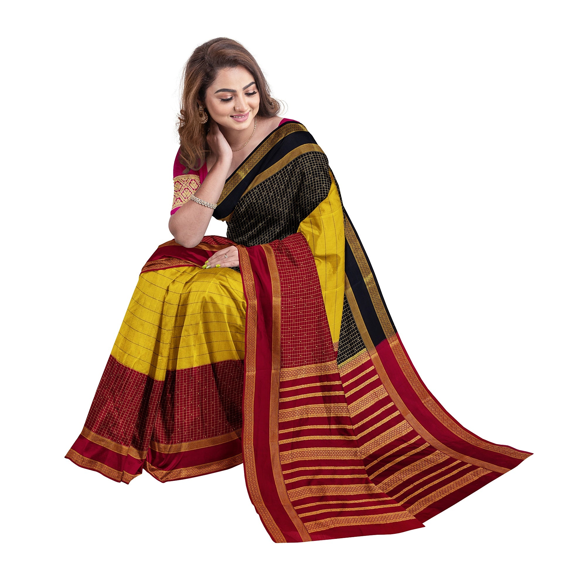 3D Mysore Silk Saree in Pink, Yellow & Black – Rare Edition
