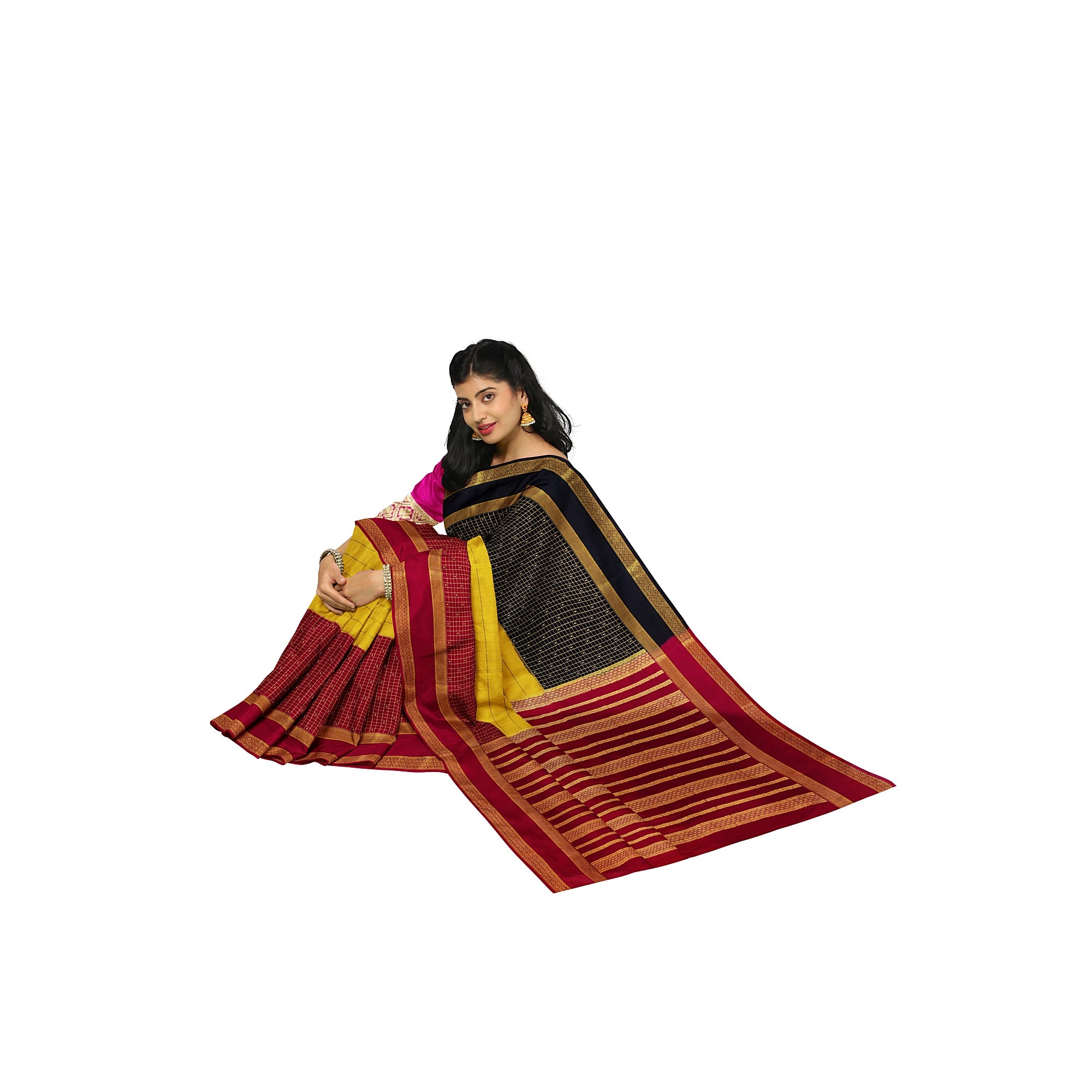 3D Mysore Silk Saree in Pink, Yellow & Black – Rare Edition