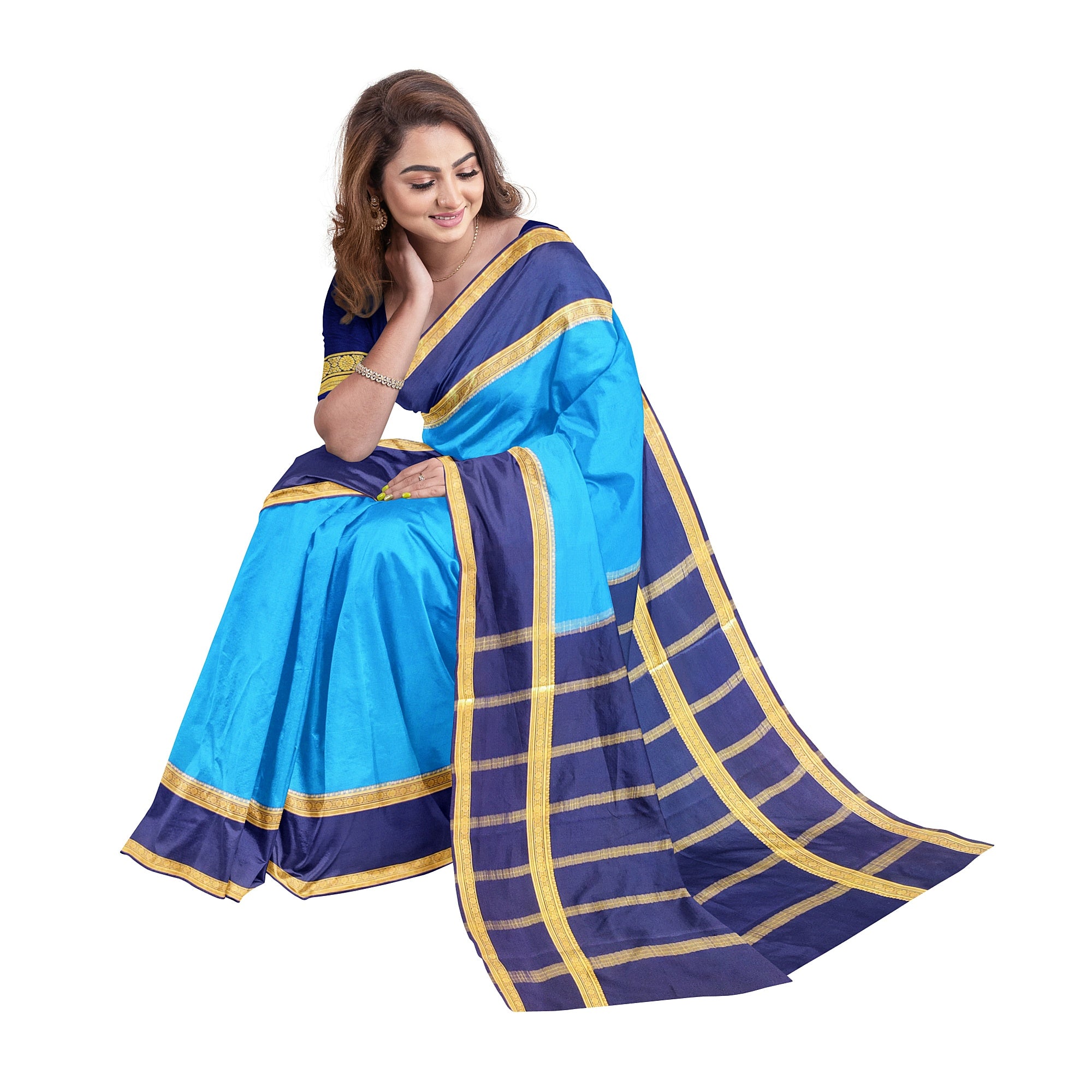 Ink Blue Mysore Silk Saree with Navy Blue Bentex Zari Border