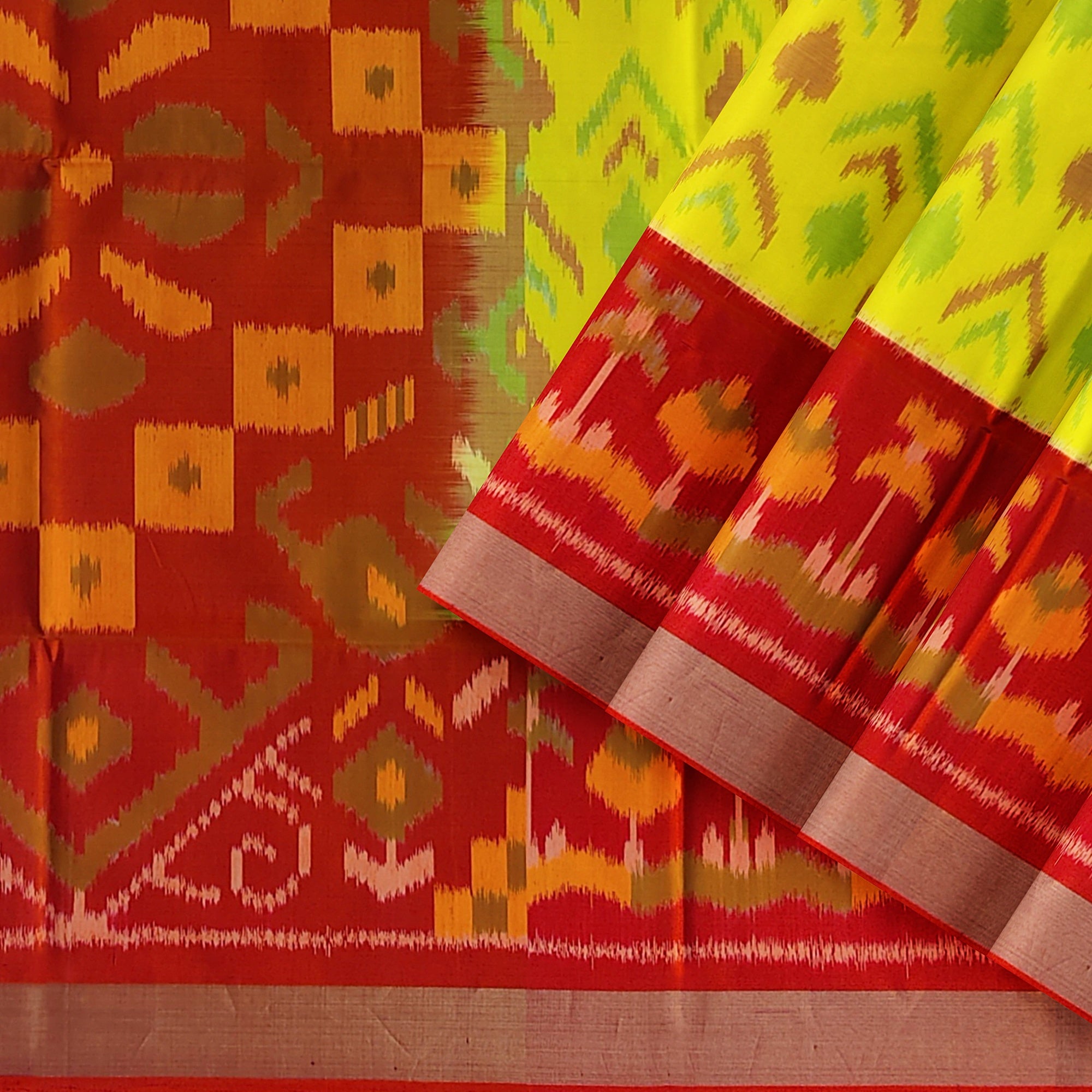 Lemon Yellow Pochampalli Pure Silk Saree with Orange Border - Vibrant New Arrival - New Sudarshan Silks`