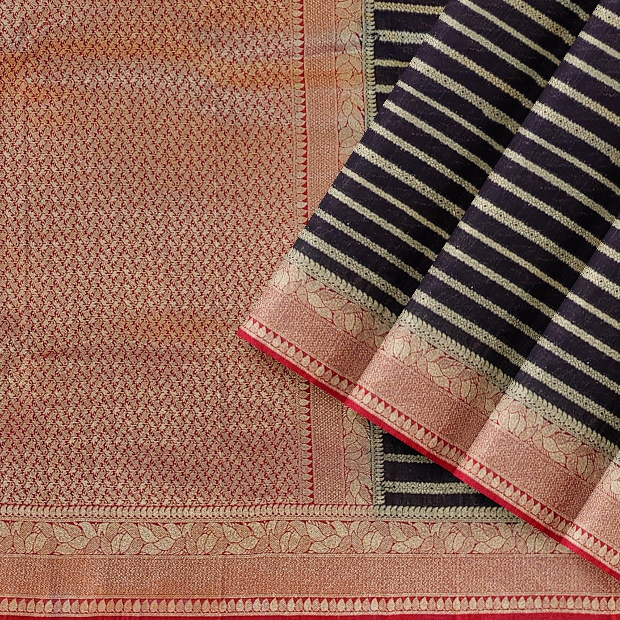 Black Semi Banaras Fancy Saree with Red Border - Bold and Beautiful - New Sudarshan Silks`