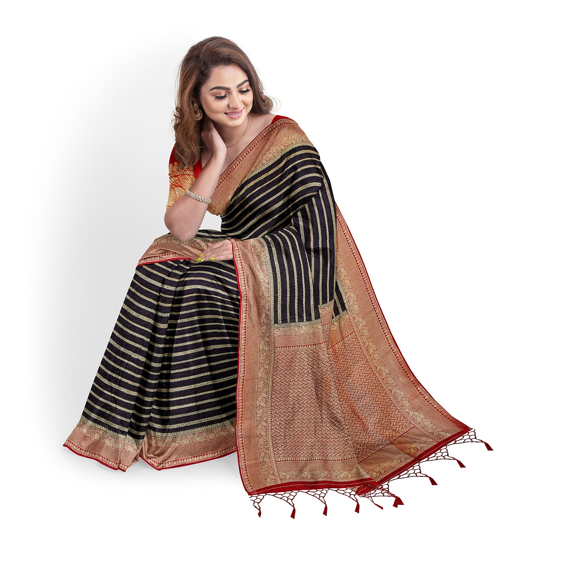 Black Semi Banaras Fancy Saree with Red Border - Bold and Beautiful - New Sudarshan Silks`