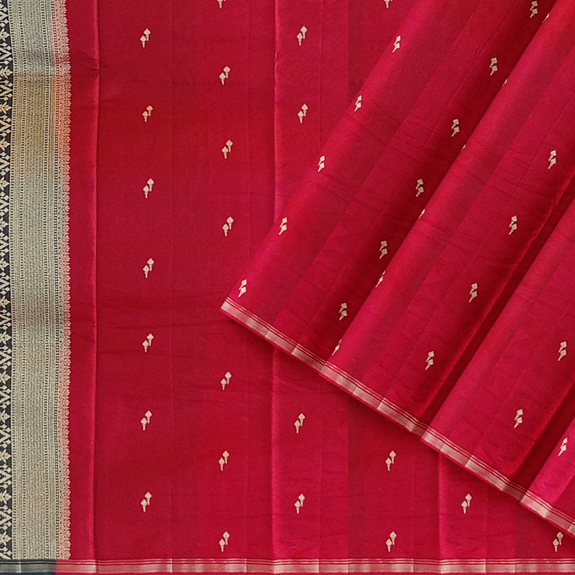 Red Semi Banaras Fancy Saree with Green Border - Timeless Elegance - New Sudarshan Silks`