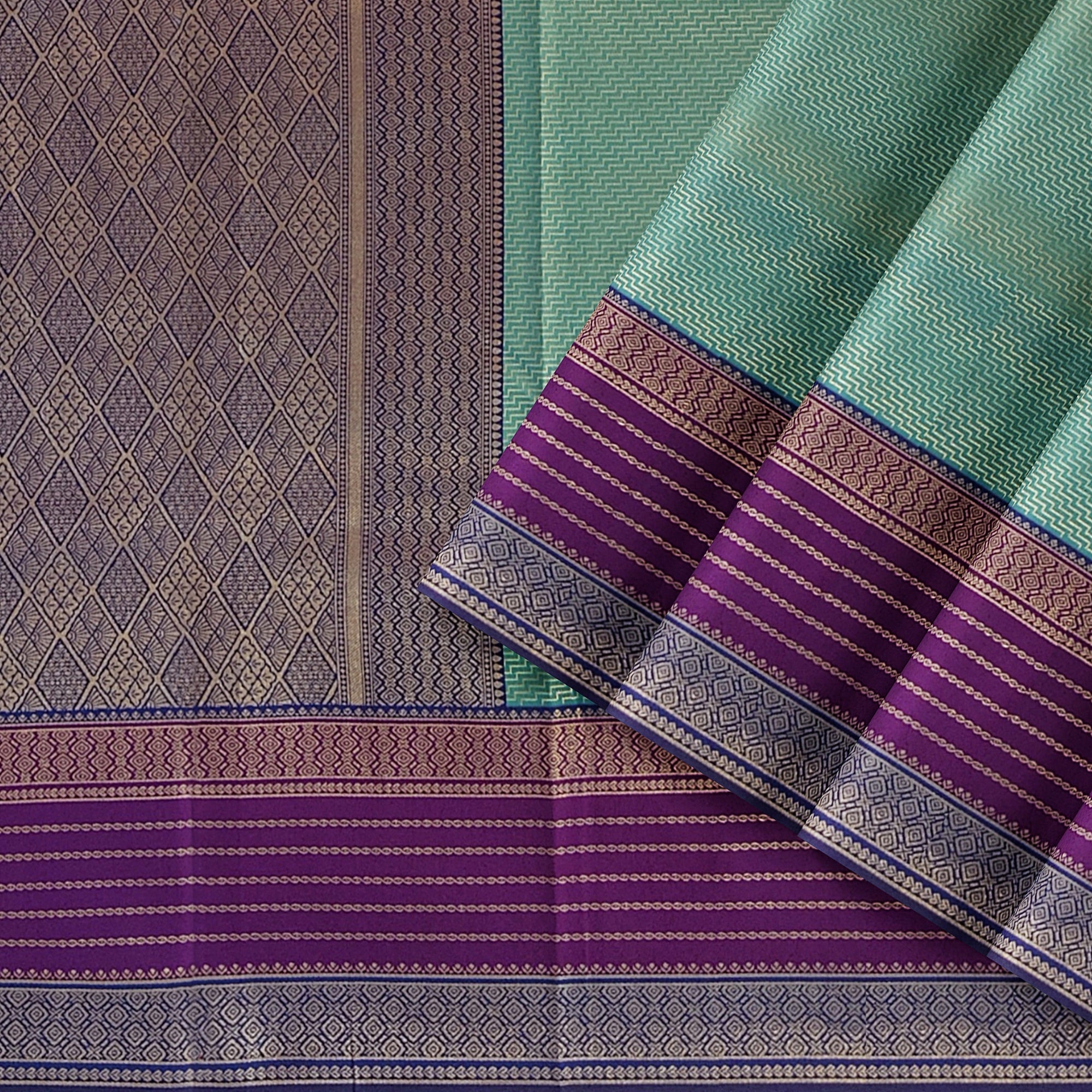 Rama Green Semi Banaras Fancy Saree with Wine and Blue Accents - Elegant Ethnic Wear - New Sudarshan Silks`