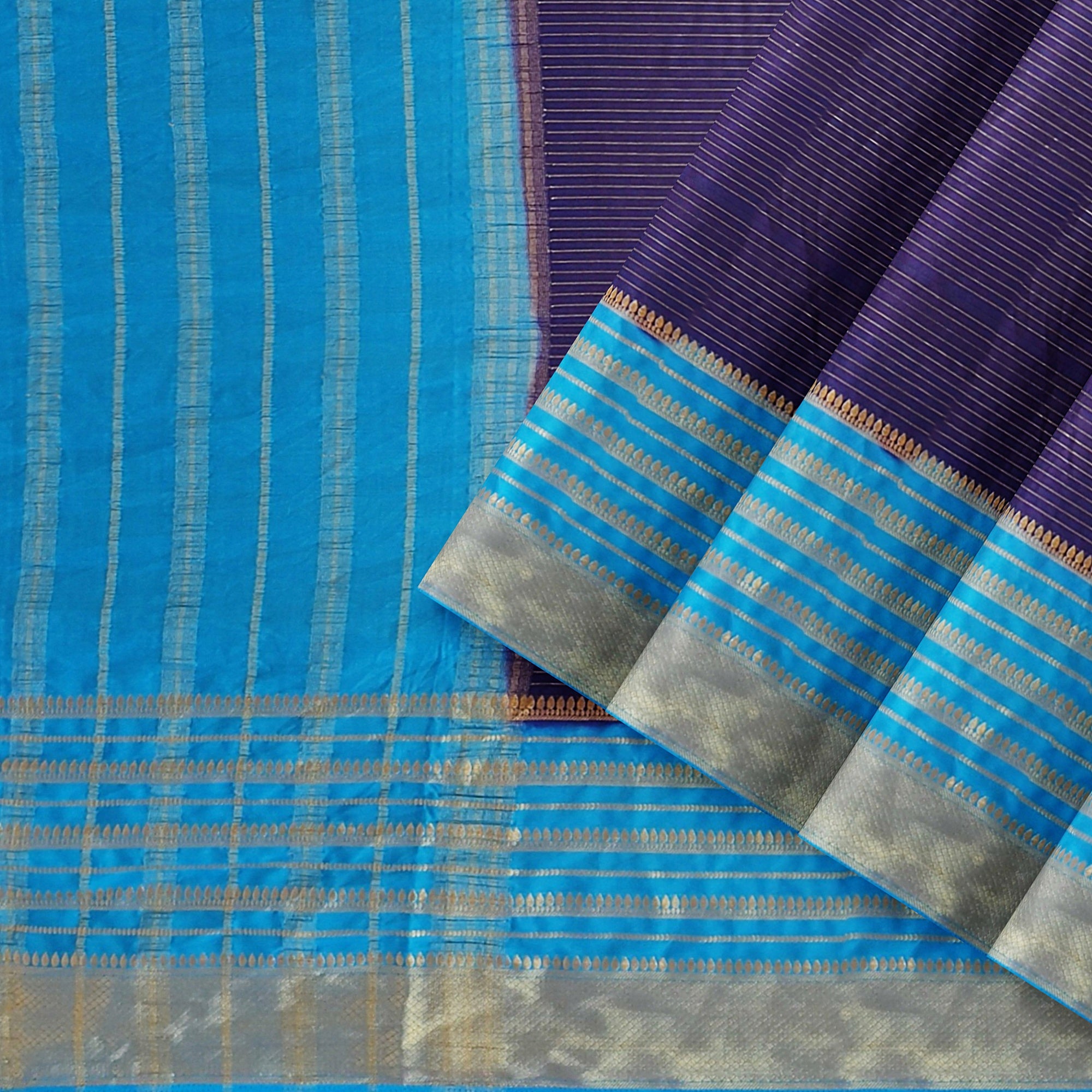 Purple Semi Mysore Silk Saree with Blue Border - Elegant New Arrival - New Sudarshan Silks`