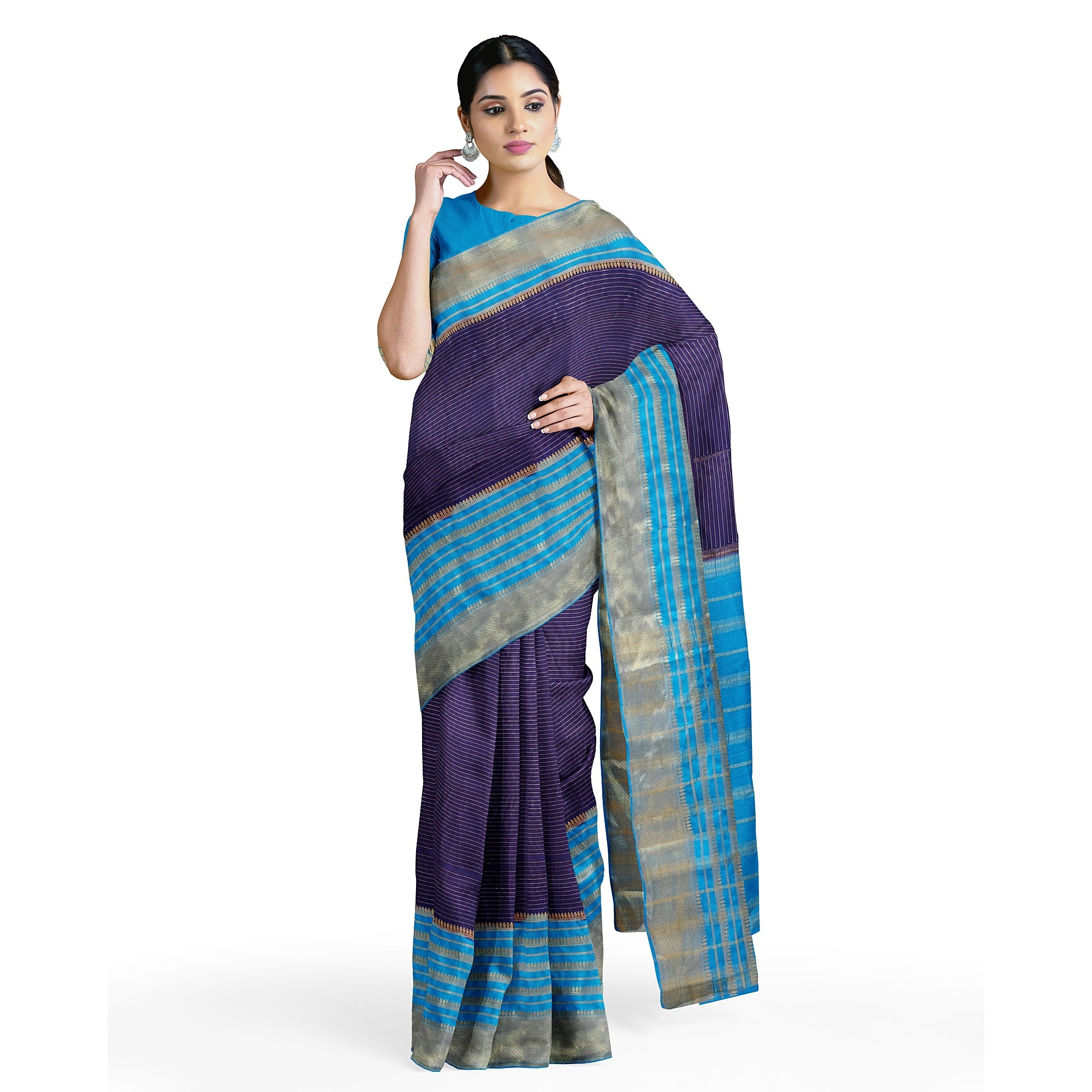 Purple Semi Mysore Silk Saree with Blue Border - Elegant New Arrival - New Sudarshan Silks`