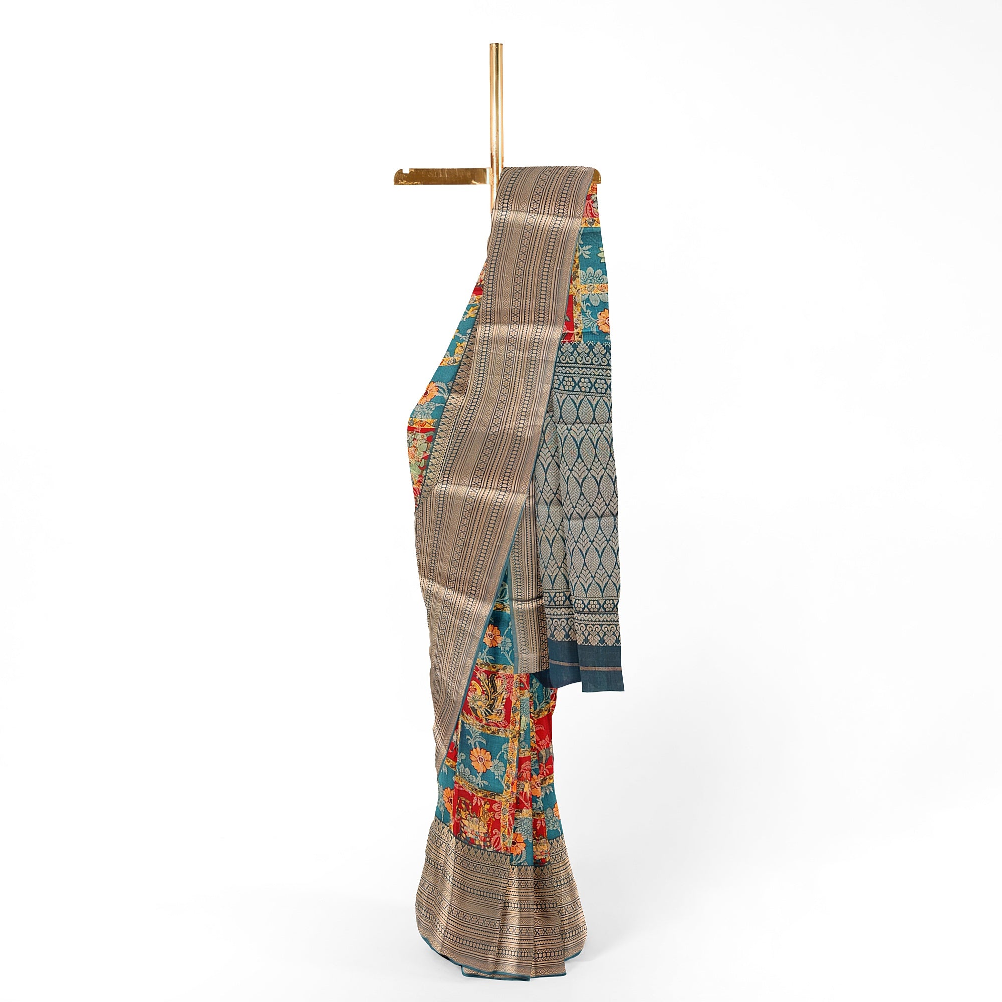 Green Kalamkari Organza Pure Silk Saree with Gold Zari Border – Traditional Handloom Saree Online - New Sudarshan Silks`